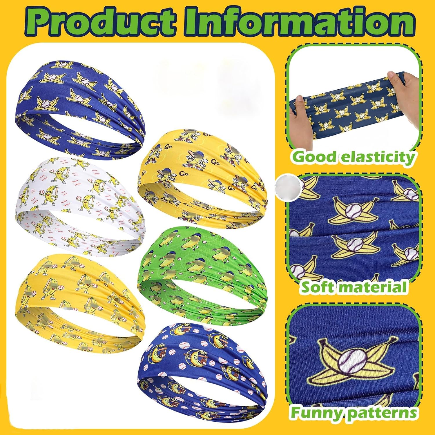 6 Pcs Bananas Baseball Team Headband Novelty Funny Elastic Athletic Sweatband Multi Color Workout Non-Slip Headbands for Baseball Team Sports Yoga Women Men Accessory Gift