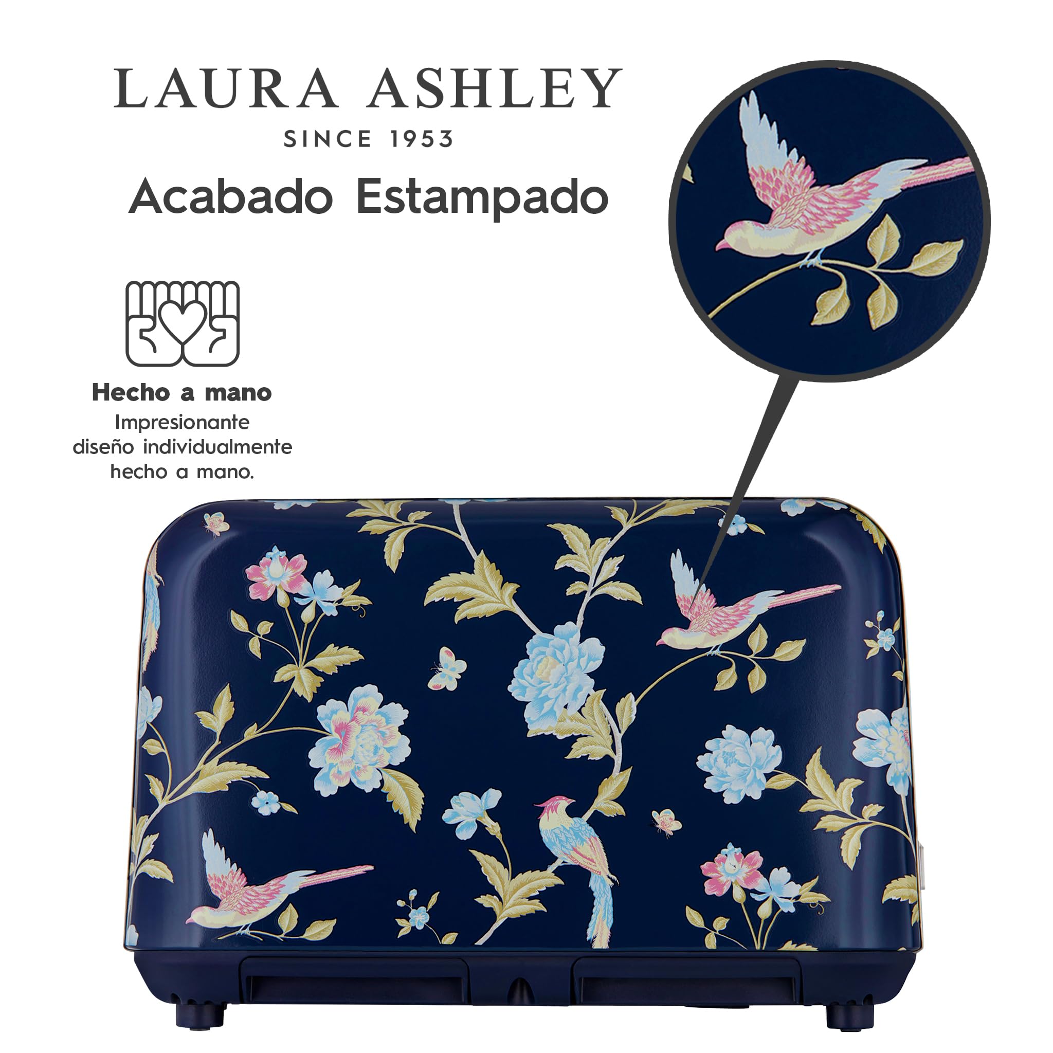 VQ Laura Ashley Elveden Navy Tostadora Acero Inoxidable 4 Ranuras | Modos Calefacción Descongelación Recalentamiento Ajustables Vintage Soporte Calentar Croissants