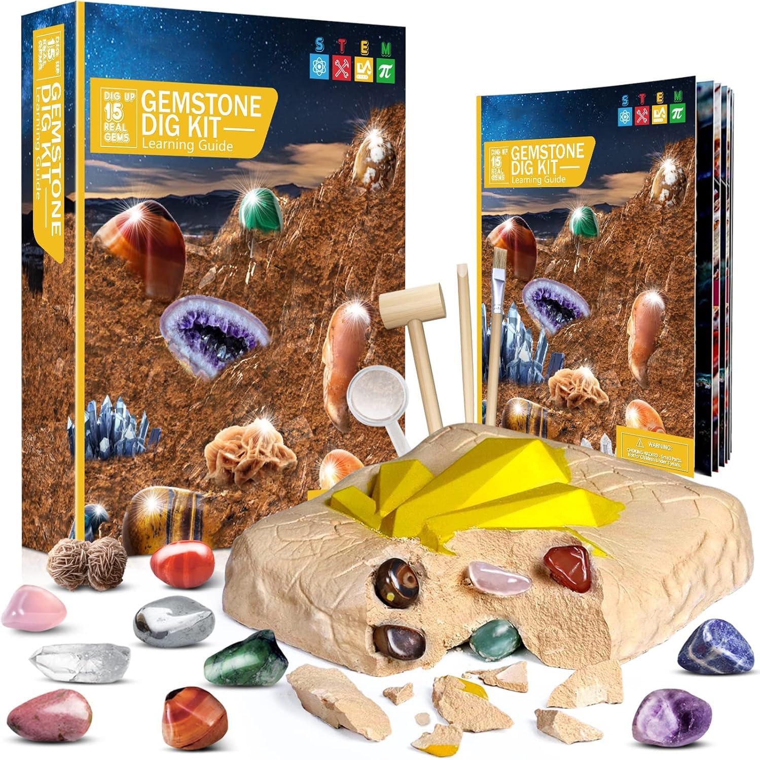 Gemstone Digging Kit, STEM Educational Toys DIY Science Kits Real Gemstone Discovery Rocks and Minerals Exploration Game Archaeology Playset Unique Educational Presents for Boys Girls Kid Toys