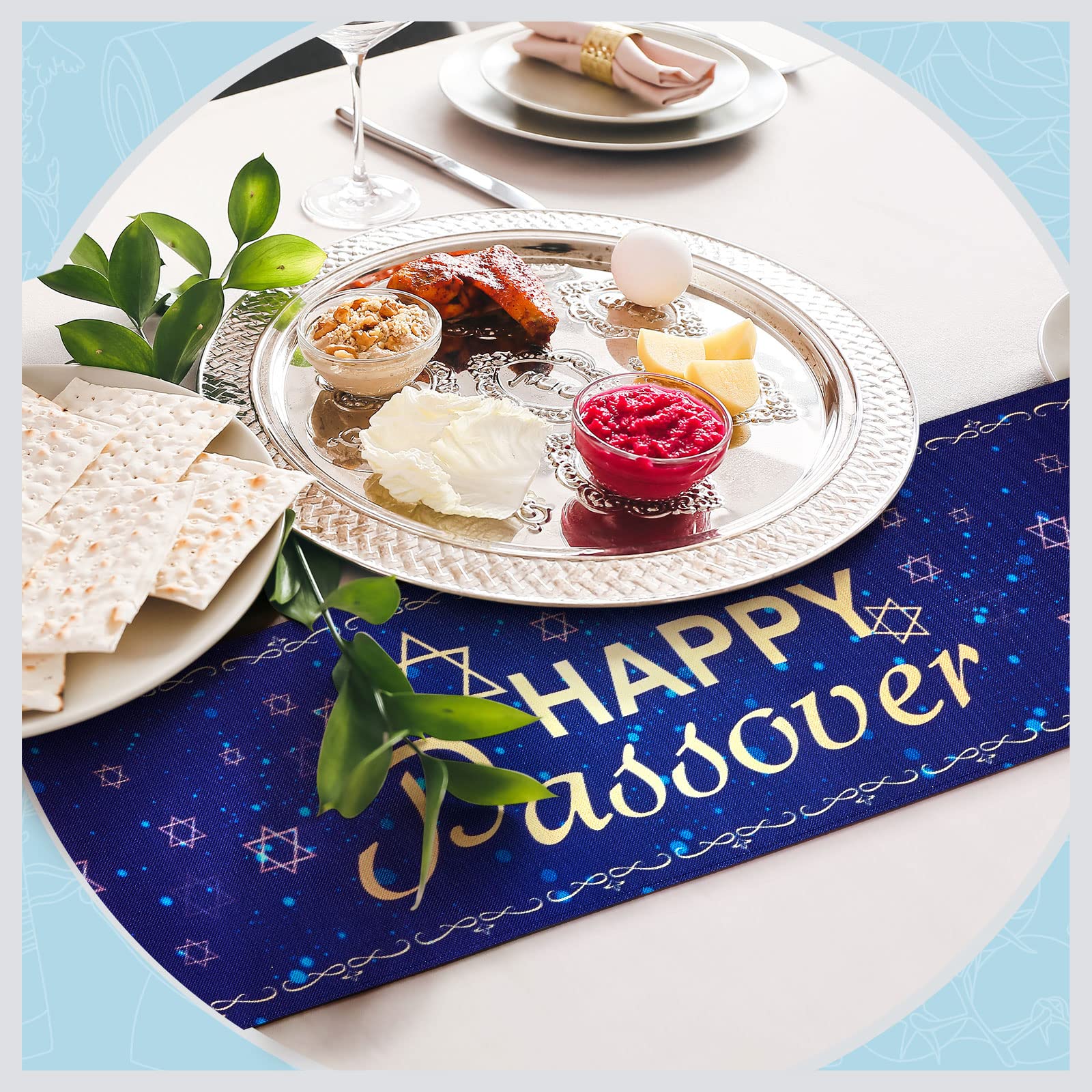 Set Mit 7 Passover Tischläufern & Tischsets – Jüdische Dekoration Mit Davidstern, Menora, Dunkelblau Aus Leinen