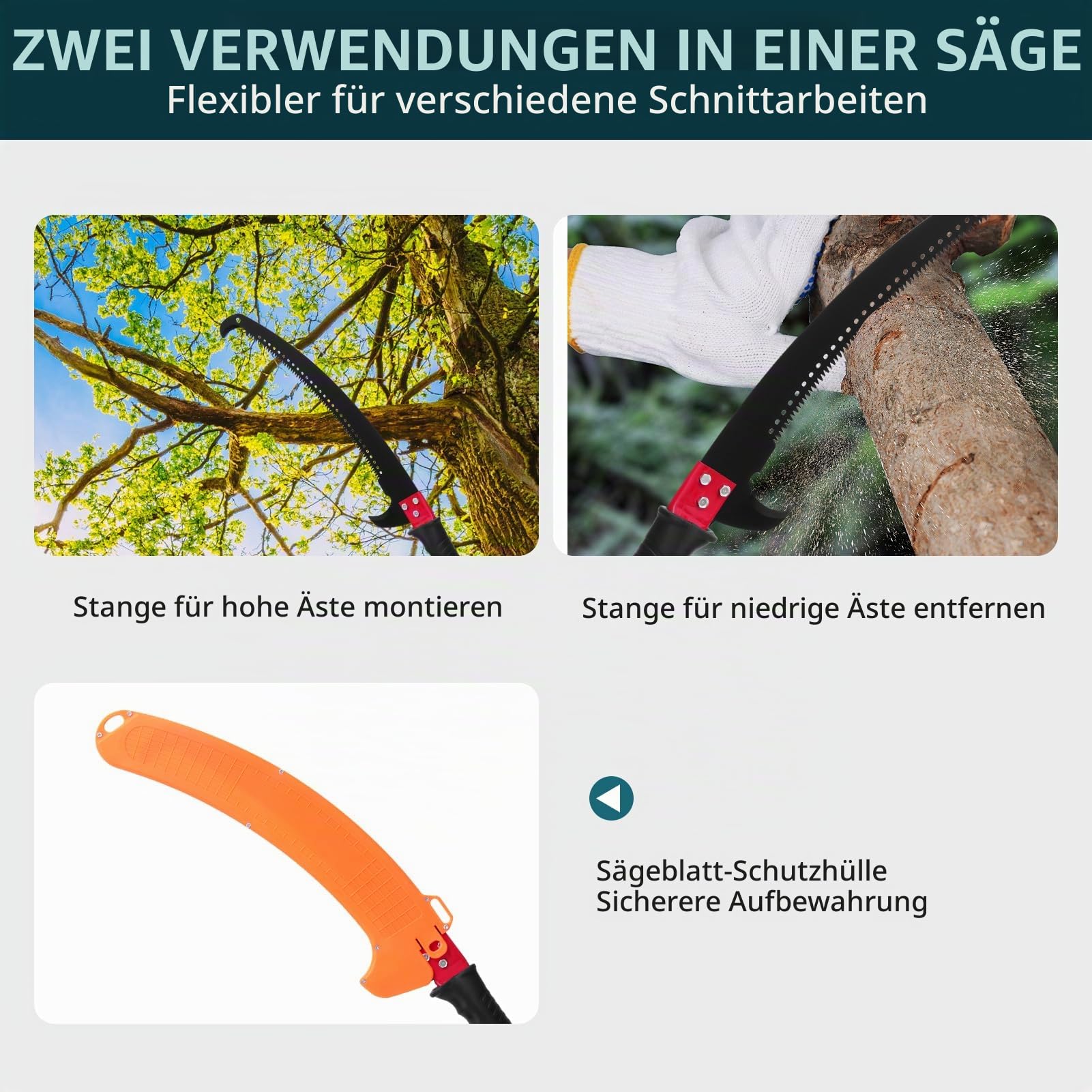 Astsäge mit Teleskopstiel,8 m Höhenverstellbar 2,24m-8,24m Klinge aus Kohlenstoffstahl mit Tragetasche und 2 Sägeblätter bis 10m Arbeitshöhe Manual Pole Saw for Pruning Palms and Shrubs