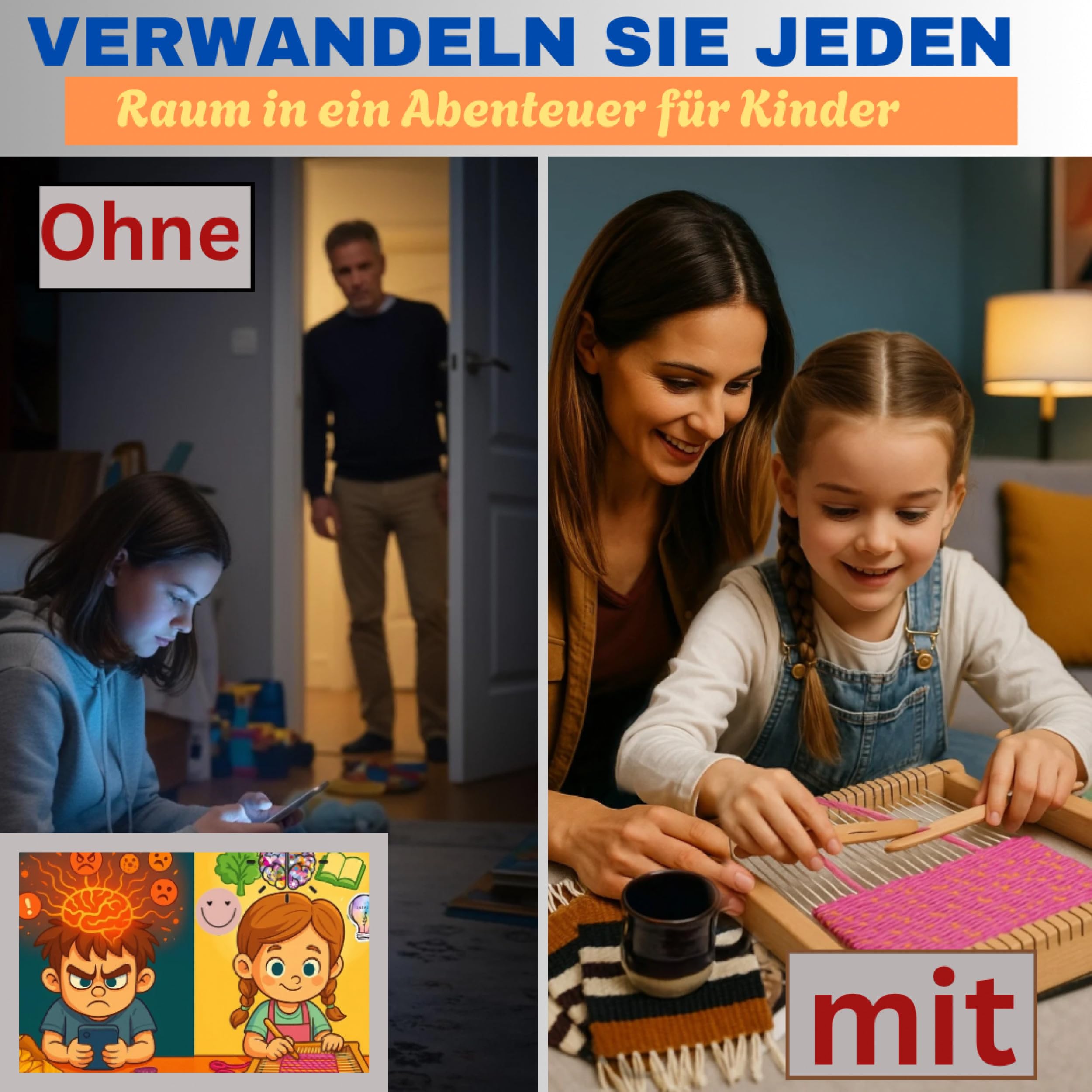 ZENOMORI Premium Webrahmen für Kinder ab 4 Jahre zum Weben und Stricken -DIY Holz Webstuhl Kreatives-Bastelset 29x19cm mit farbiger Wolle Schulwebrahmen für Anfänger und Schüler