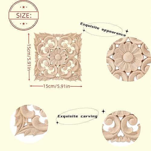 Miniatura 8 de BSYMDH 4 piezas de apliques tallados de madera tallados Onlays tallados a cuadros de madera cuadrada para puerta de cama, armario, espejo, chimenea,