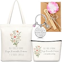 Xuniea Set of 4 Pieces Gift for Female Friend Include Canvas Bag Incentive Cosmetic Bag Keychain with Greeting Cards with Flowers Birthday Gifts