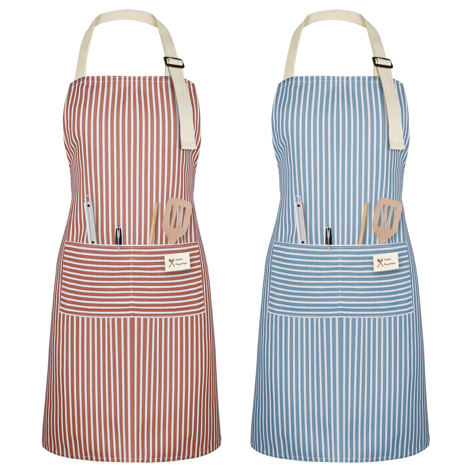 Vicloon Küchenschürze,2 Stück verstellbare Schürze mit 2 Taschen,Maschinenwaschbar, farbecht Schürze für Männer Damen Küche Restaurant Café-Rot/Blau
