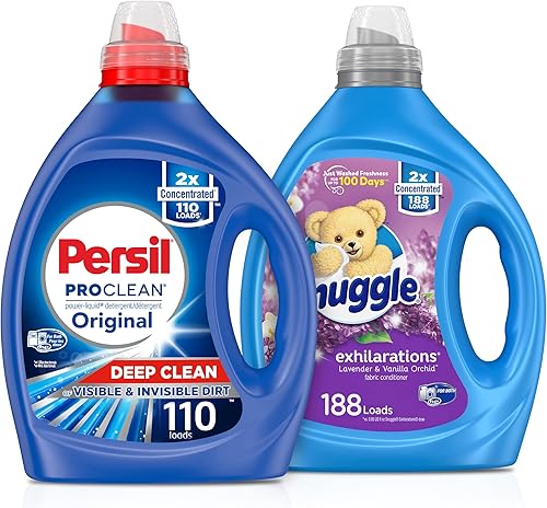Persil Detergente líquido para ropa, aroma ProClean, 110 cargas, azul, 82.5 onzas líquidas, suavizante líquido original + Snuggle Exhilarations,