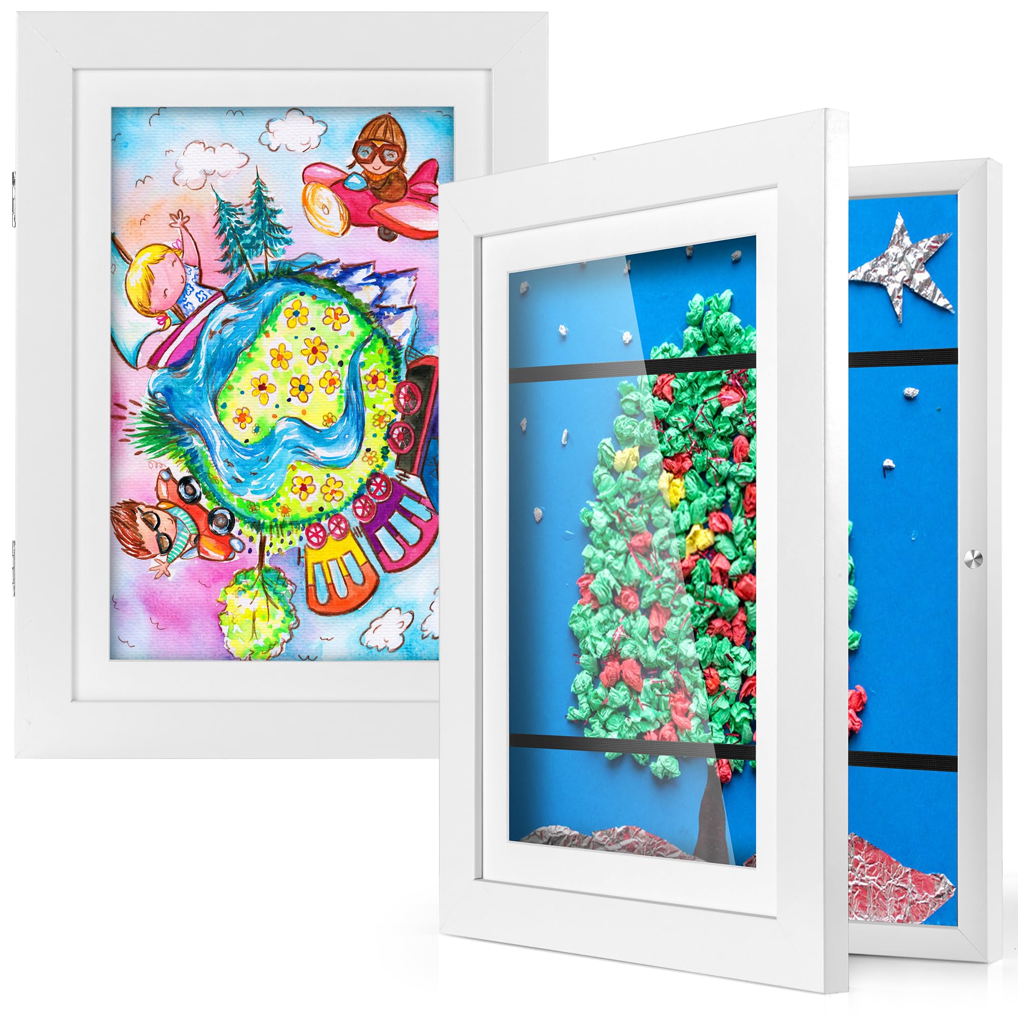 2 Piezas Marco Dibujos Infantiles, A4 Marcos Con Profundidad, Apertura Frontal, Rellenable, Marco de Fotos Artístico para Niños, Arte Cambiar Hasta 50-150 Hojas para Dibujos De Niños(Blanco)