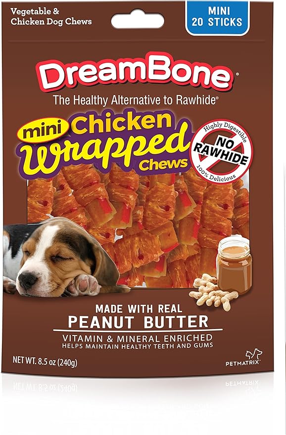 Dreambone Chicken Wrap Mini Stick Small Breed Peanut Butter Chews Dog Treat, 20 Ct (1) Amazon