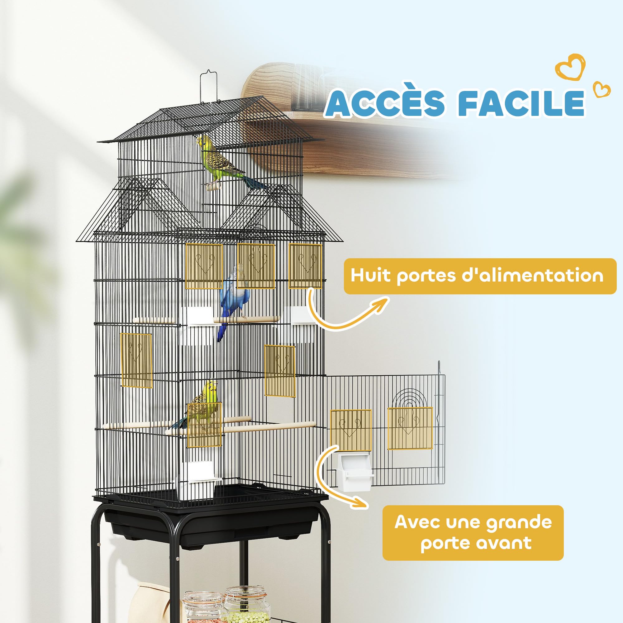 PawHut Cage à Oiseaux sur Pied, volière sur roulettes avec balançoire, poignée Portable, 4 mangeoires, Support, Design Maison, Cage pour pinsons, canaris et perruches 50,5 x 41 x 163 cm en Acier Noir