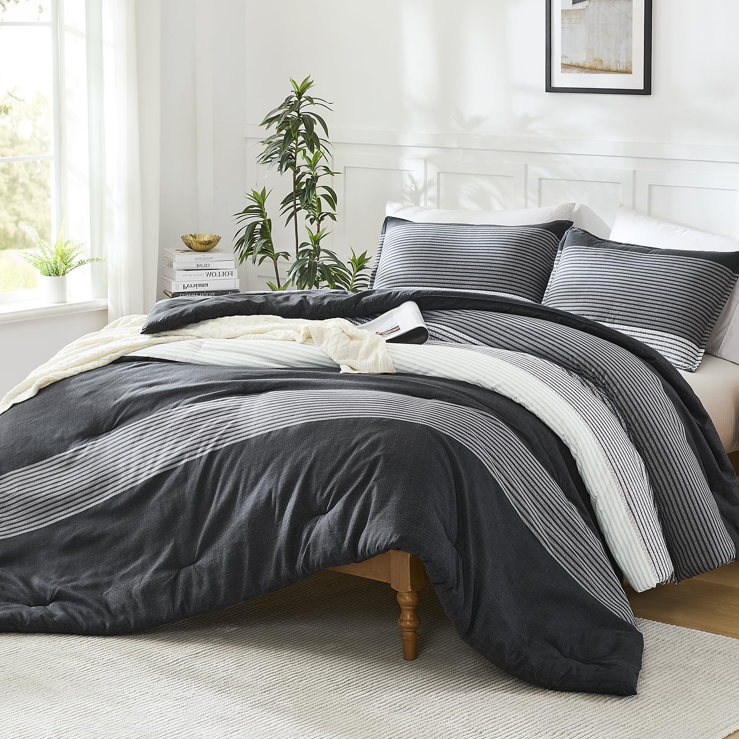 Photo 1 of Litanika Oversized Queen Comforter Set Black White Grey 98x98-3 Pieces Lightweight Colorblock Stripe Fluffy Bedding Comforter Sets, All Season Bed Set