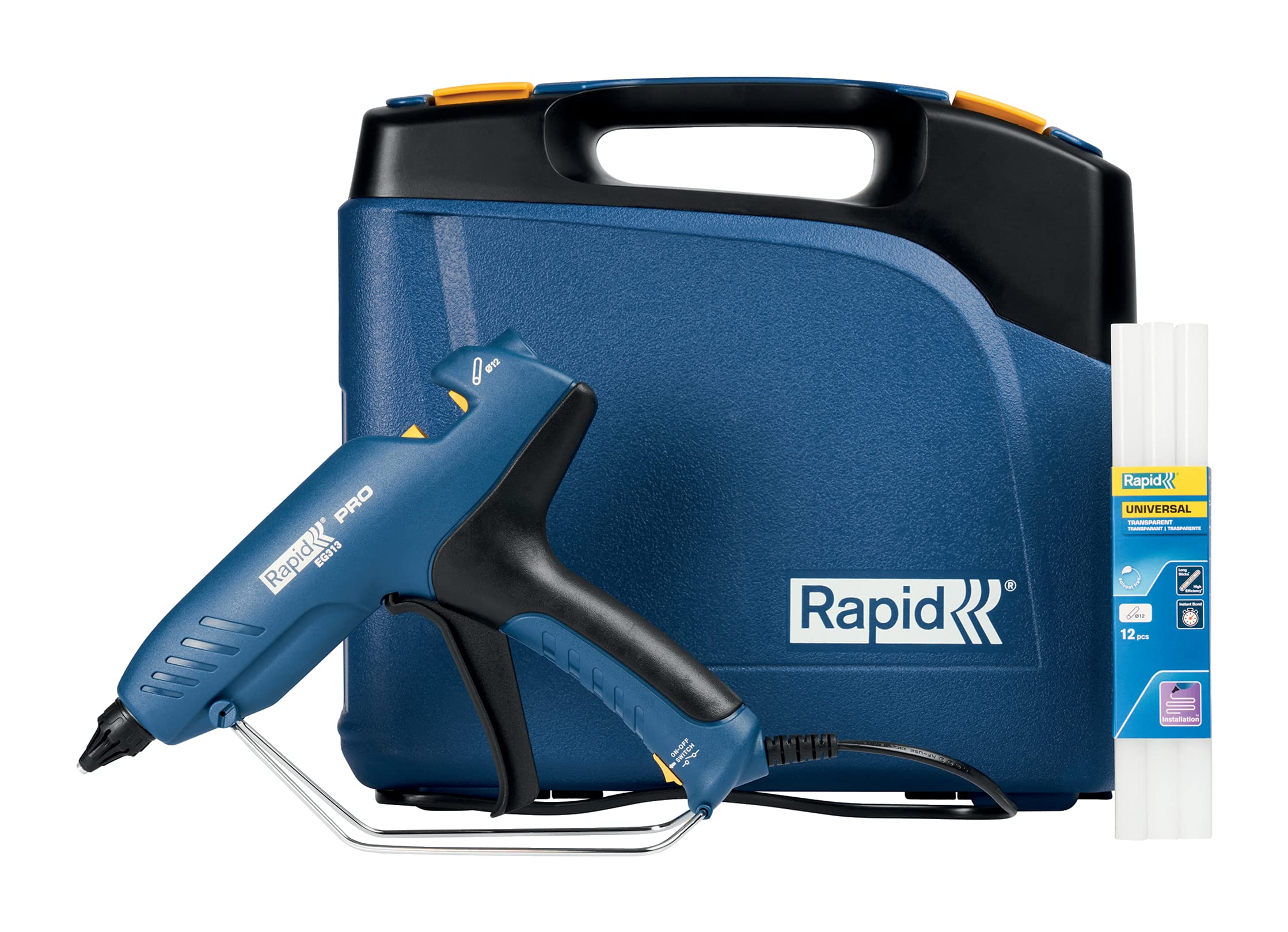 Rapid EG313 Professioneel lijmpistool in koffer en 12 lijmsticks, met 900 g/ uur lijmdebiet en 3 min. opwarmtijd, voor het vastzetten van kabels en het bevestigen van sierlijsten