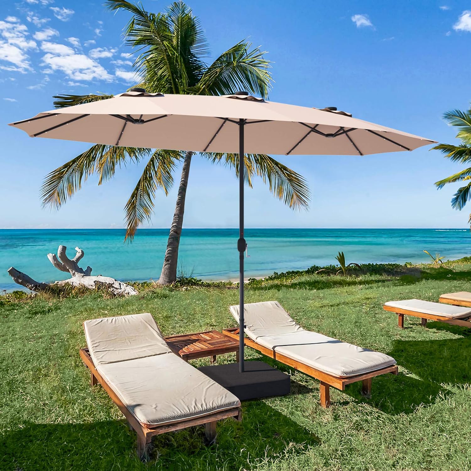 TANGKULA 15 Ft Solar LED Patio Double-Sided Umbrella with Base, Outdoor Twin Umbrella, Extra Large Umbrella w/ 36 Solar Powered LED Lights & Crank System for Garden, Deck, Poolside, Patio