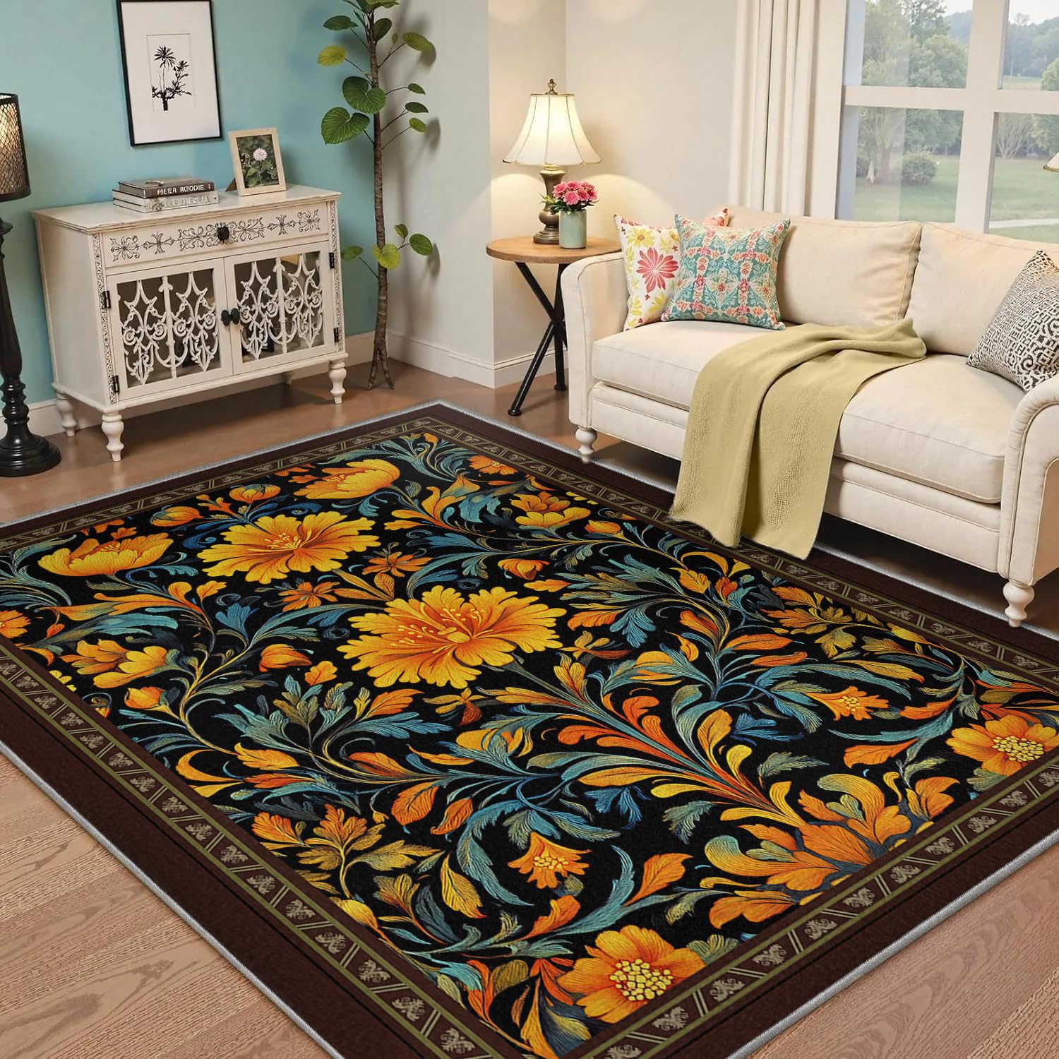 Tappeti botanici colorati 120x180cm lavabili in lavatrice per soggiorno camera da letto nursery stampe floreali nere gialle e blu pavimento interno