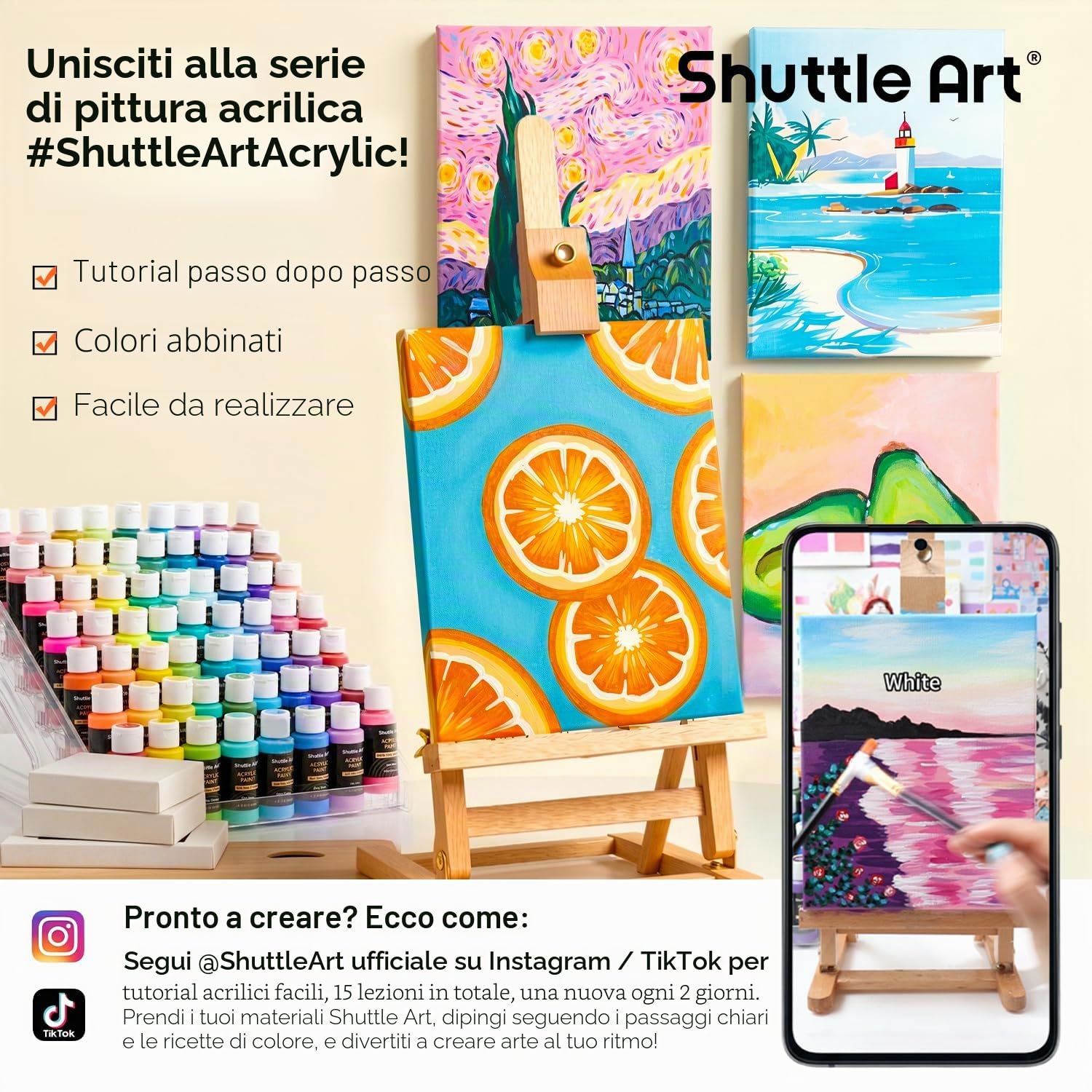Shuttle Art 36 Colori Acrilico per Dipingere, Bottiglie 60ml Set Pittura, Ricco Pigmentato, Vernice Pittura Acrilica Professionali per Artisti, Principianti su Tela Rocce Legno Ceramica Tessuto