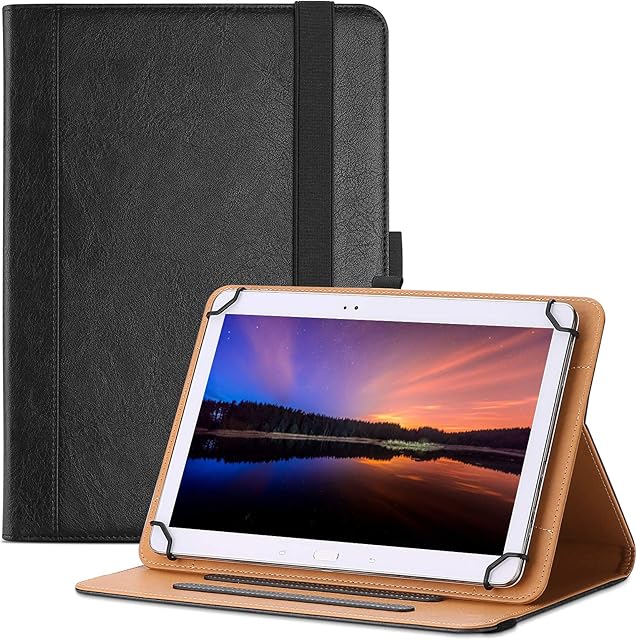 ProCase 9-10.9 inch Universal Tablet Case, Soft Leather Folio Stand Protective Universal Case with Elastic Adjustable Band and Multiple Viewing Angles -Black