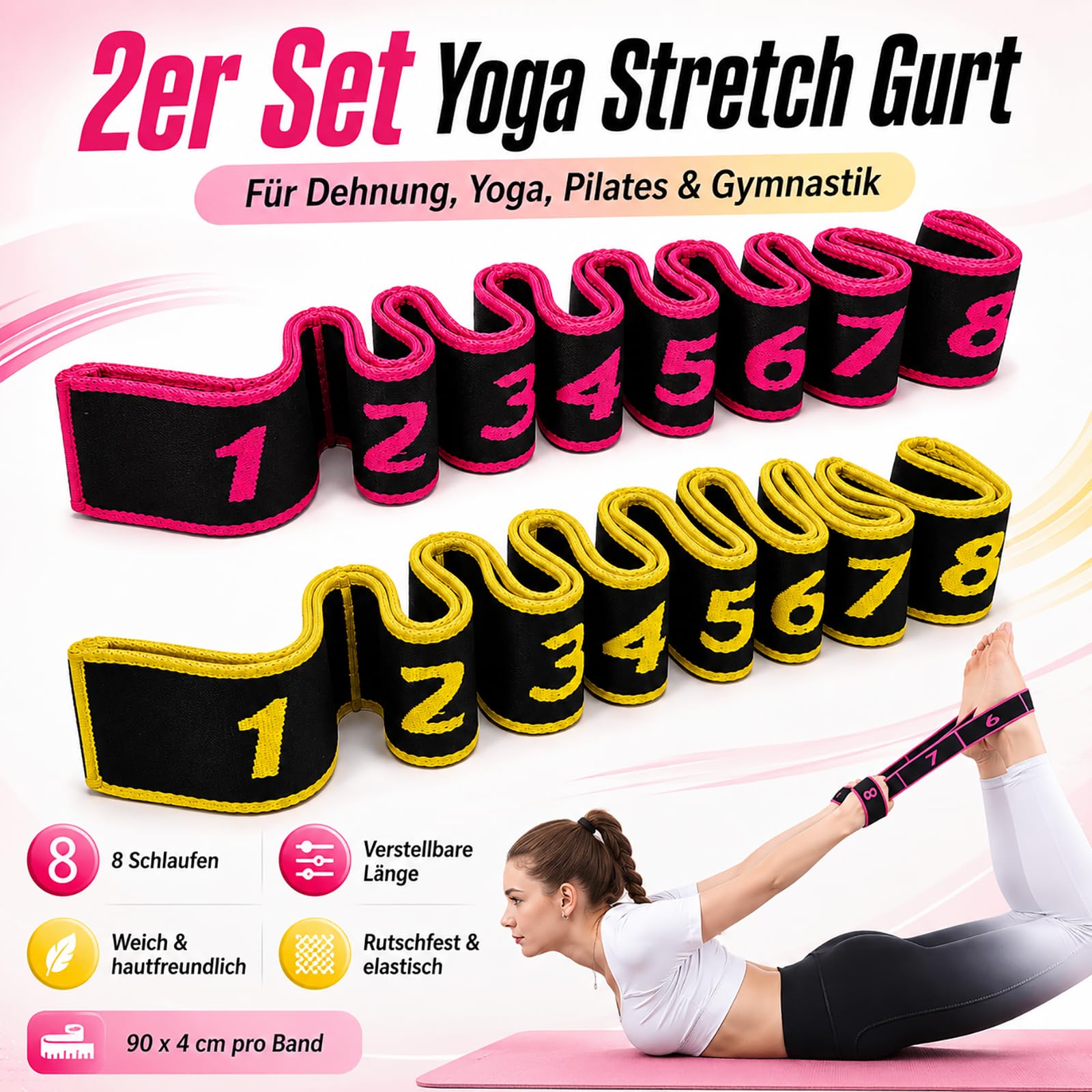 2 Pezzi Fascia Elastica per Yoga, Fasce Elastiche di Resistenza, Bande di Allenamento per Ginnastica, Fascia Esercizio Regolabile con Più Anelli, per Fitness, Danza, Ginnastica (Rosa+Giallo)
