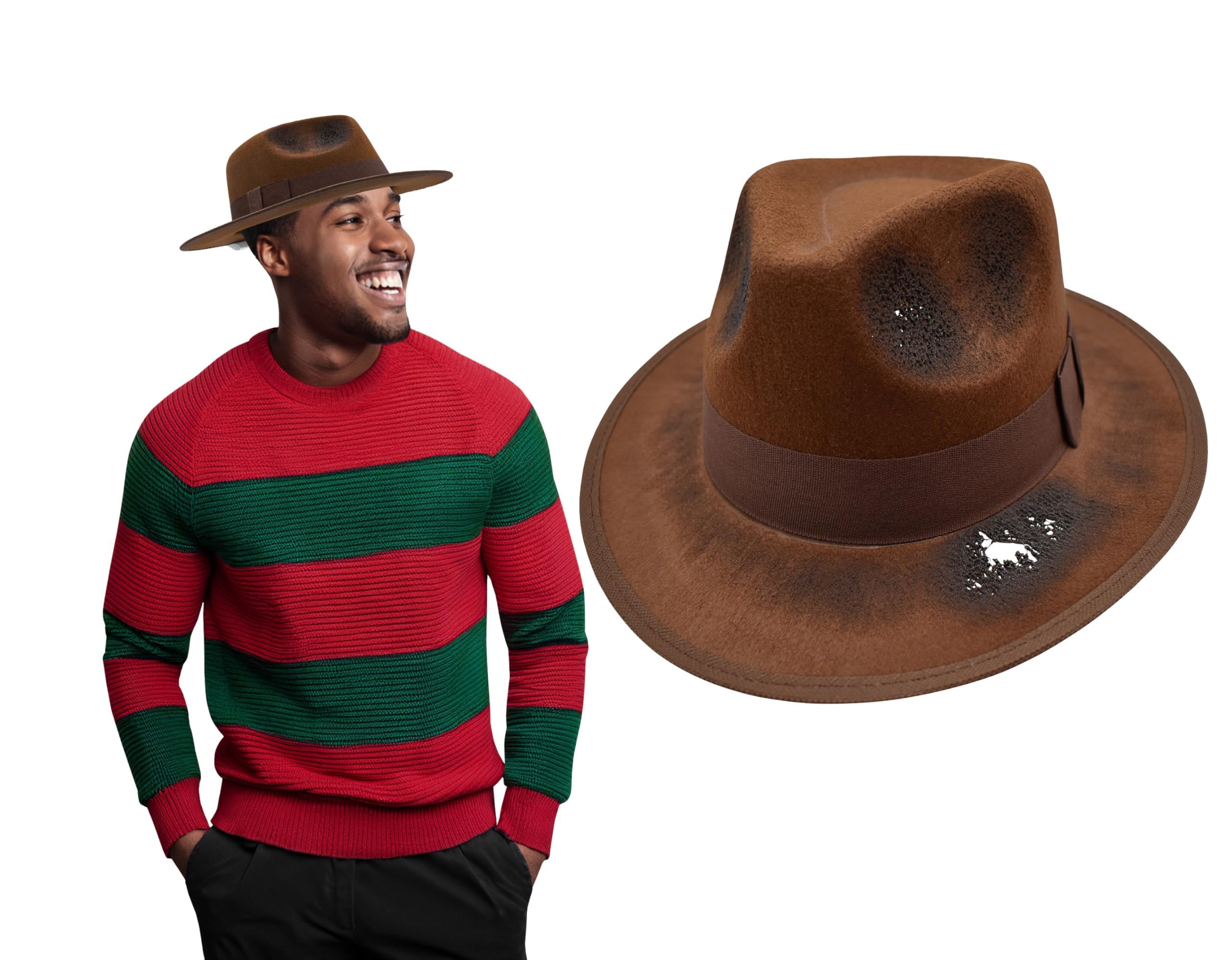 Nicky Bigs Novelties Tattered Burned Brown Fedora Hat - Scary Nightmare Creeper Hats - Cosplay Halloween Costume Accessory, Brown, Large