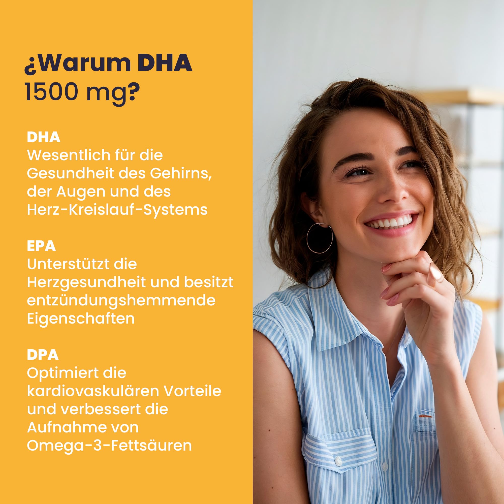 Omega 3 DHA 1500 mit EPA und DPA + Magnesium, Zink und Kupfer - Hohe Konzentration - Unterstützt Augengewebe, Netzhaut sowie Herz- und Gehirngesundheit - Glutenfrei - GMO-frei - 60 Kapseln
