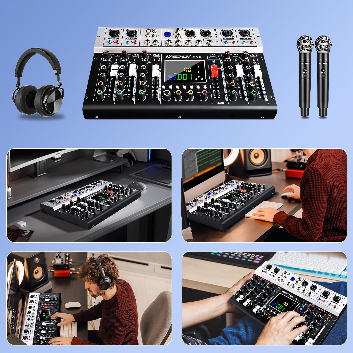 Professional 6-Channel DJ Audio Mixer for Karaoke & Podcasting, Bluetooth Mixing Console with USB MP3 Input 256 DSP Effects 48V Phantom Power for Live Streaming & Home Recording (KA-6)