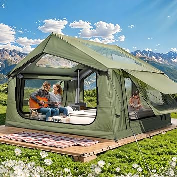 YOLENY 4-6 Person Inflatable Camping Tent with Stove Jack, 2 Skylights & Pump, 300D Oxford Blow Up Glamping Tent with 3-in-1 Windows, 4-Side Access, Waterproof Windproof 4 Season Family Tent