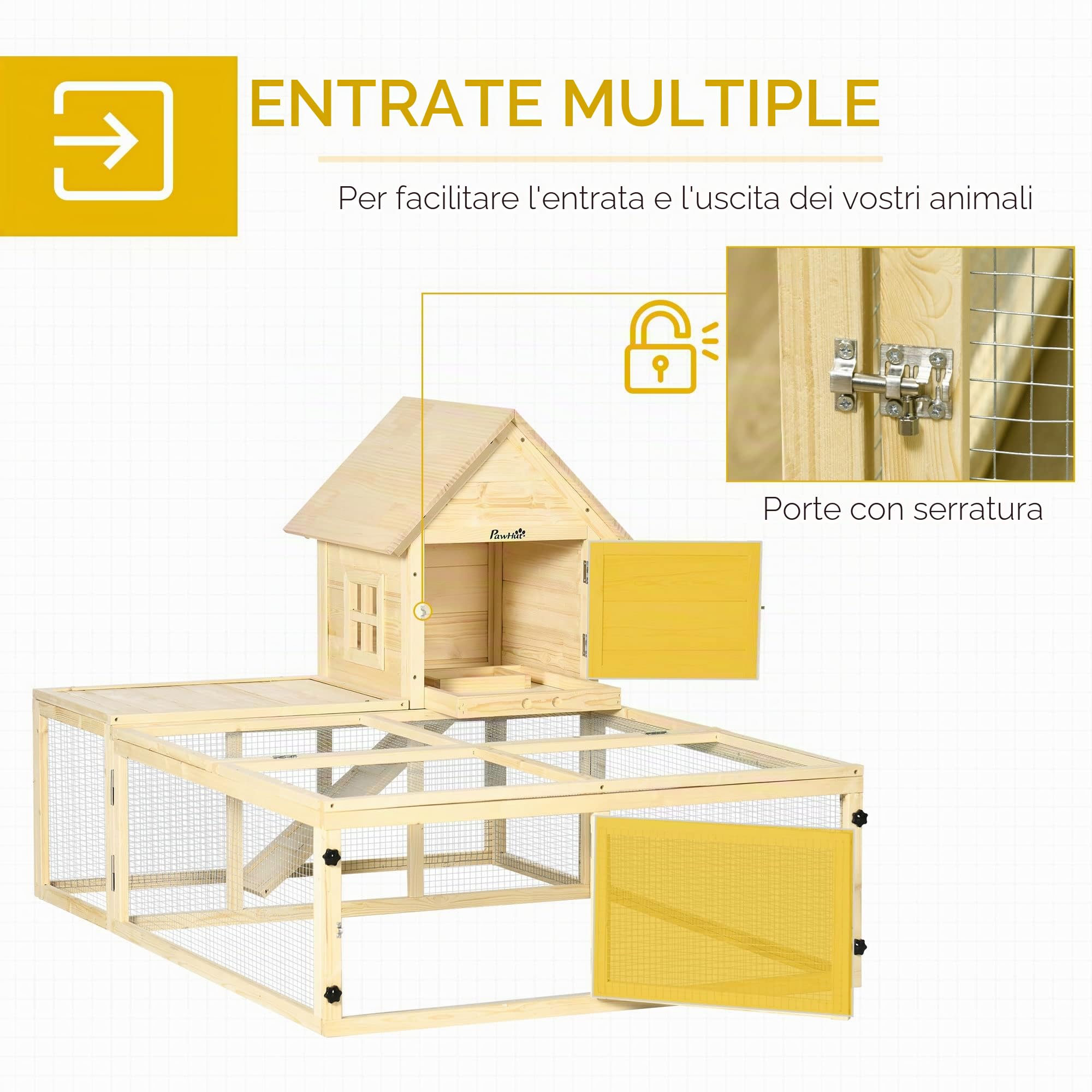 PawHut Legnaia Coniglio 2 Livelli, Area Corsa, Rampe | Recinto animali, villa coniglio, porte bloccabili, 151,5x106x97 cm.