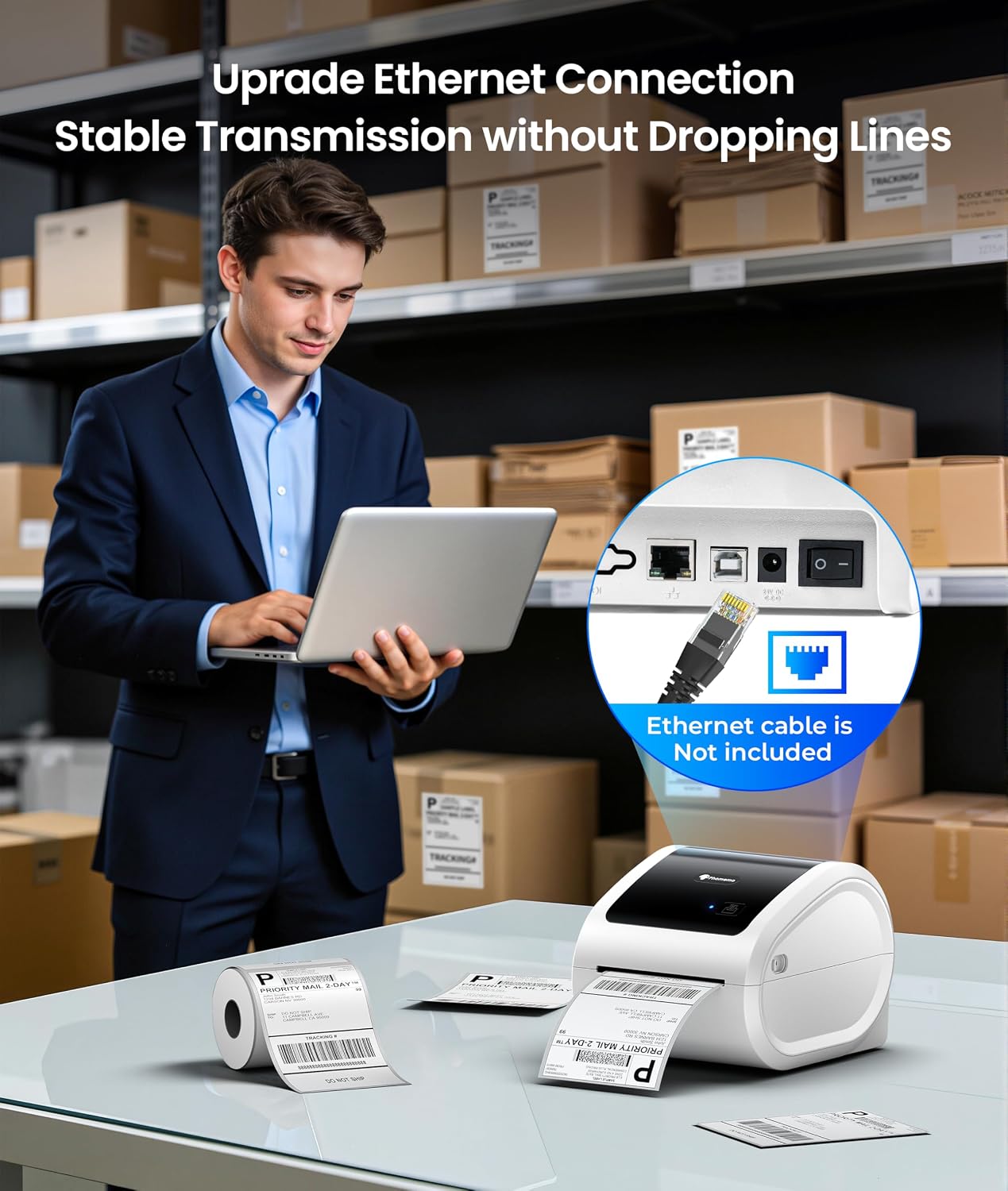Phomemo D530 Pro 4x6 Shipping Label Printer 300 DPI with 500 Labels, Bluetooth for Mobile, Ethernet USB & Bluetooth for Computer, Thermal Printer with Built-in Paper Bin, for Small Business USPS UPS