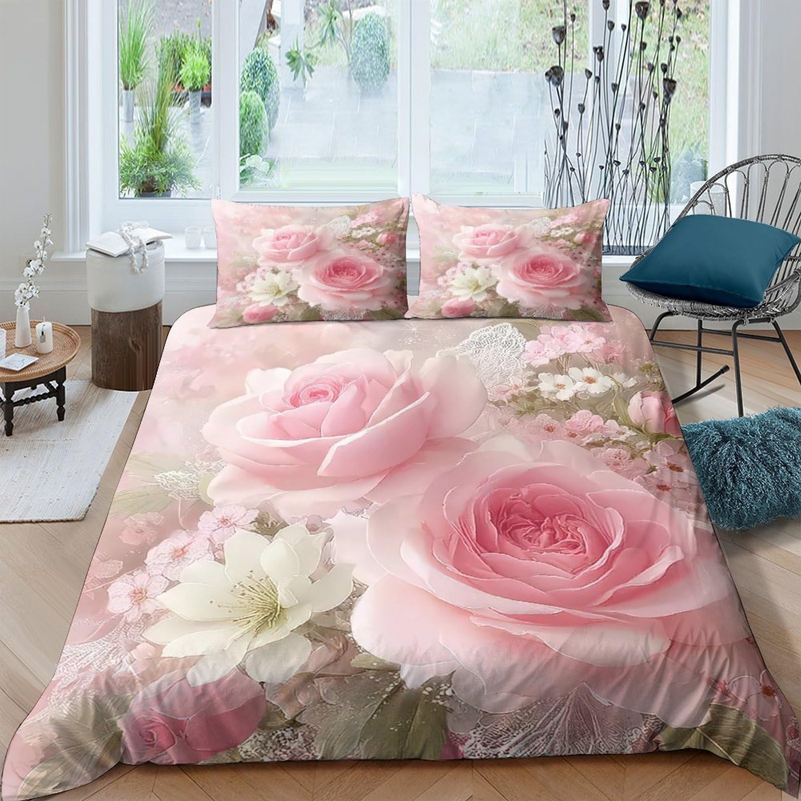 XFKLYNVCJ 3D Printed Pink roses Bedding Cover Durable Fabric Romantic floral design Quilt Cover Soft Comfortable Easy Care for Student Dorm College Accommodation Daily Use King（220x240cm）