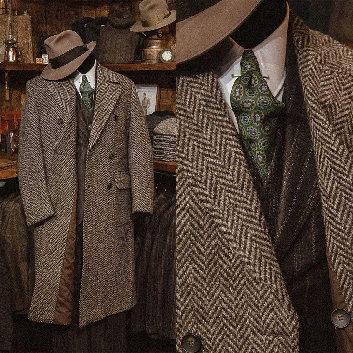 Cappotto da uomo in misto lana a spina di pesce in tweed cappotto slim fit doppio petto con risvolto a punta Trench Jacket
