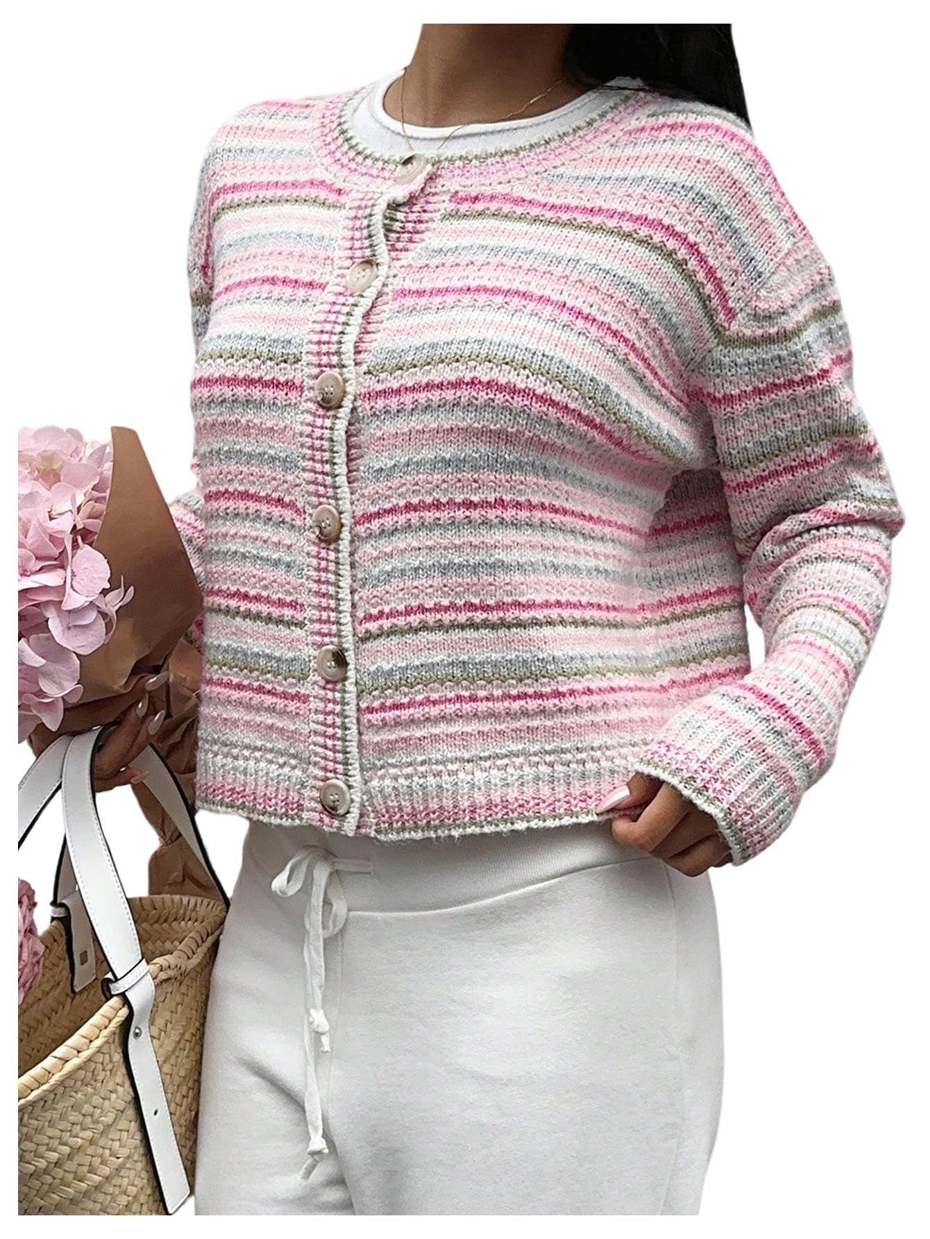 Womens Striped Cardigan Long Sleeve Button Down Crew Neck Sweater Fall Clothes