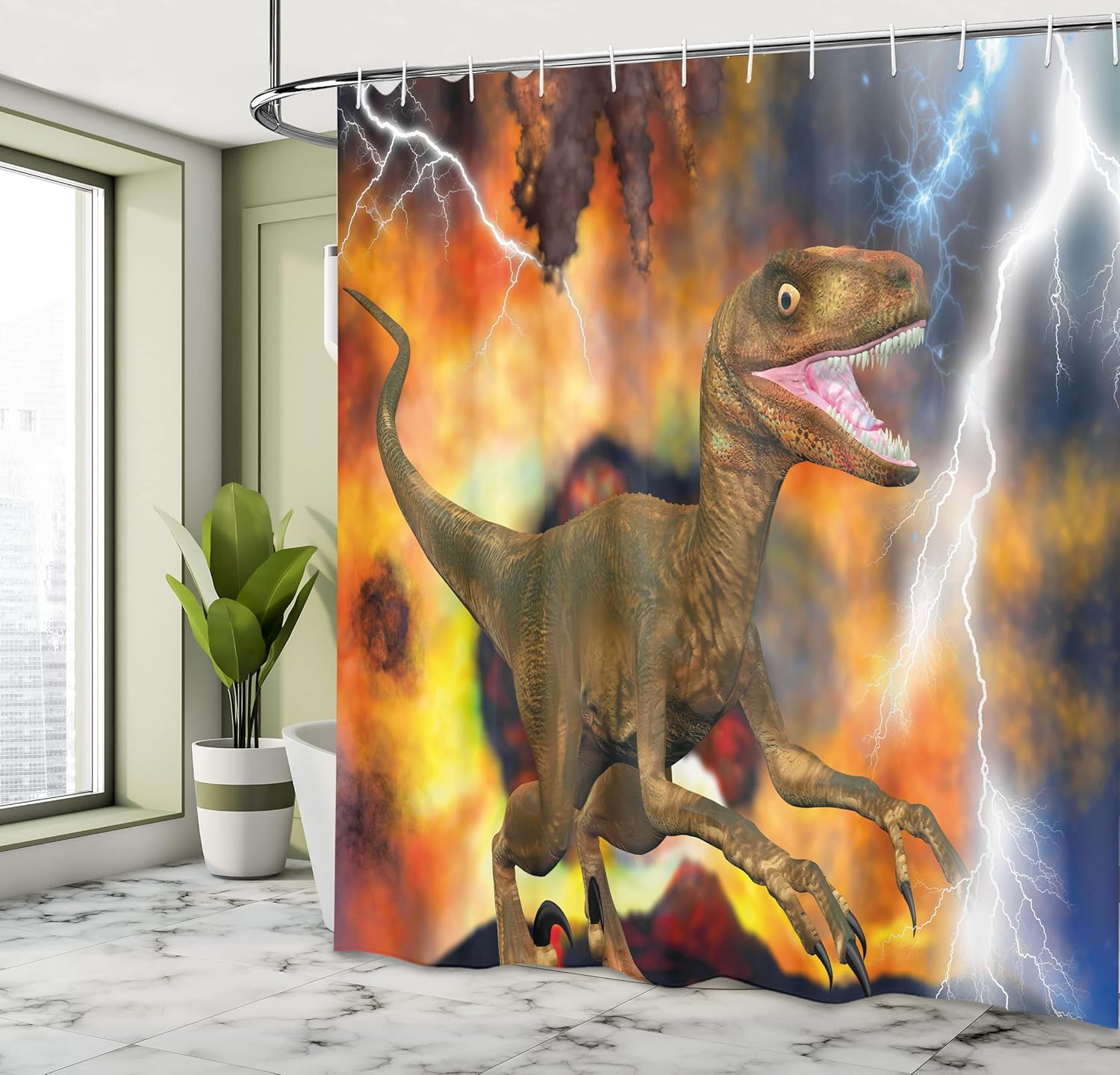 Ambesonne Dinosaur Shower Curtain, Dramatic Catastrophe Destruction Background with Allosaurus Fragilis Illustration, Cloth Fabric Bathroom Decor Set with Hooks, 69" W x 75" L, Fawn Orange