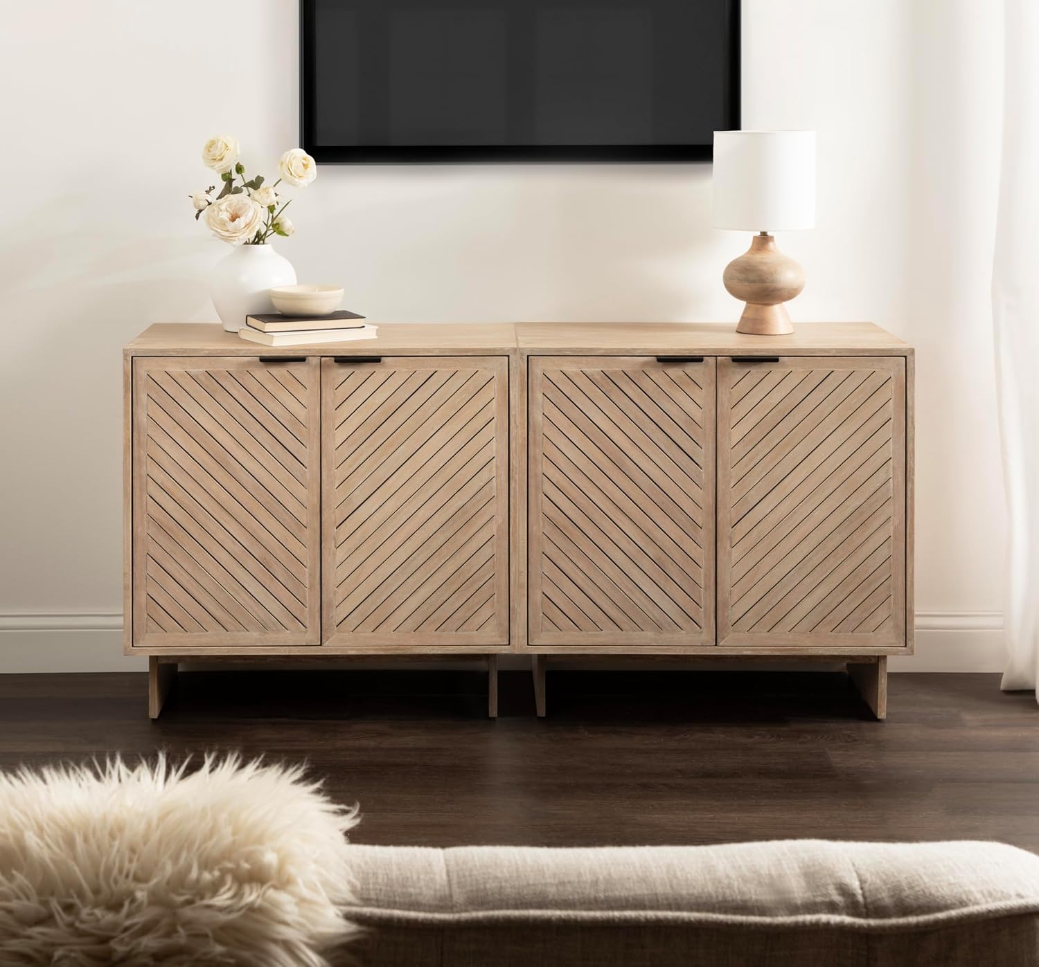 Kate and Laurel Mezzeta Modern Two-Door Chevron Slatted Wood Floor Storage Cabinet, 30 x 15 x 30, Light Natural, Transitional Living Room TV Stand for Sideboard Buffet Cabinet or Bar Storage Buffet