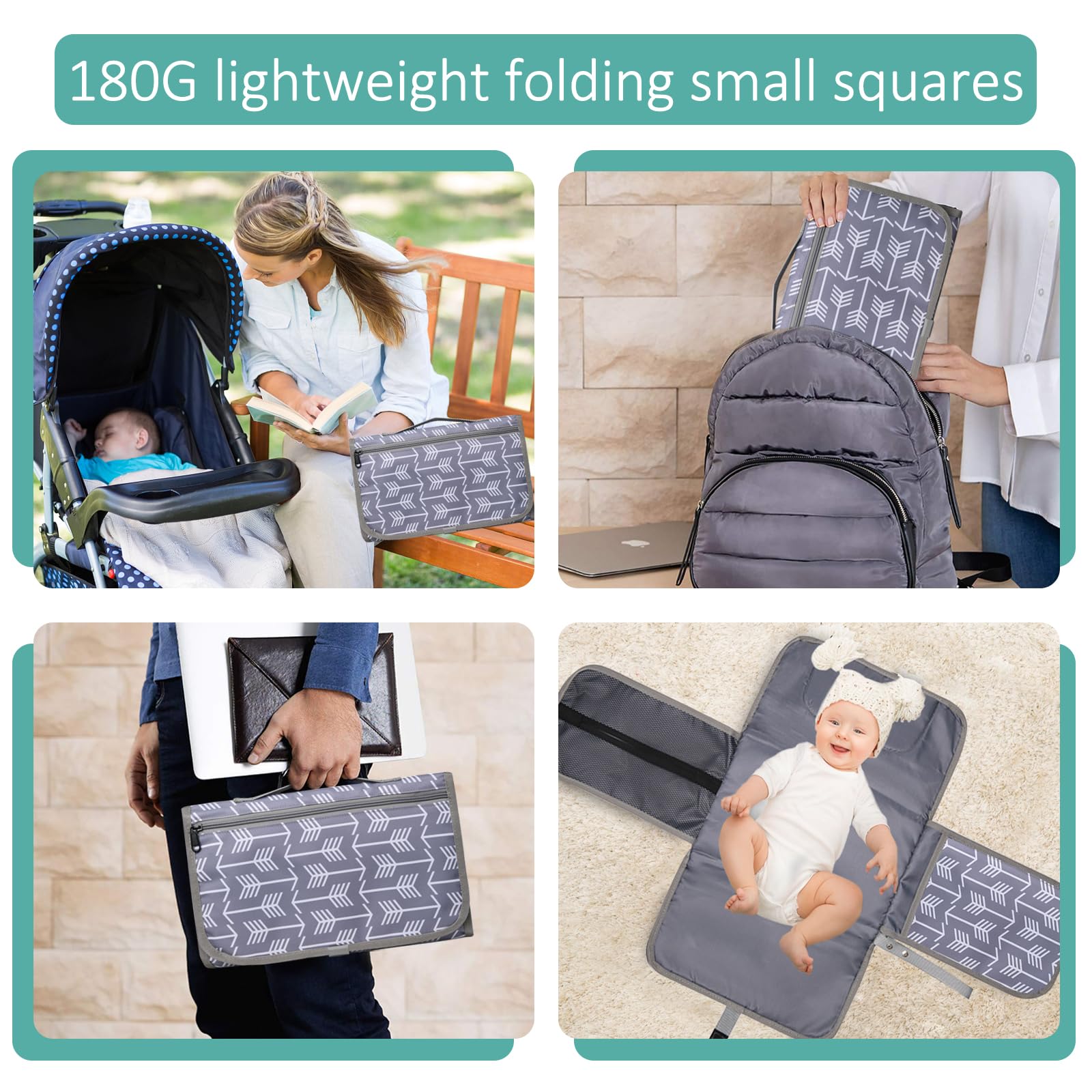Cambiador portátil, cambiador portátil plegable e impermeable, dispensador de toallas y un cómodo cojín, reutilizable, lavable a máquina, viaje y regalo bautizo (gris)