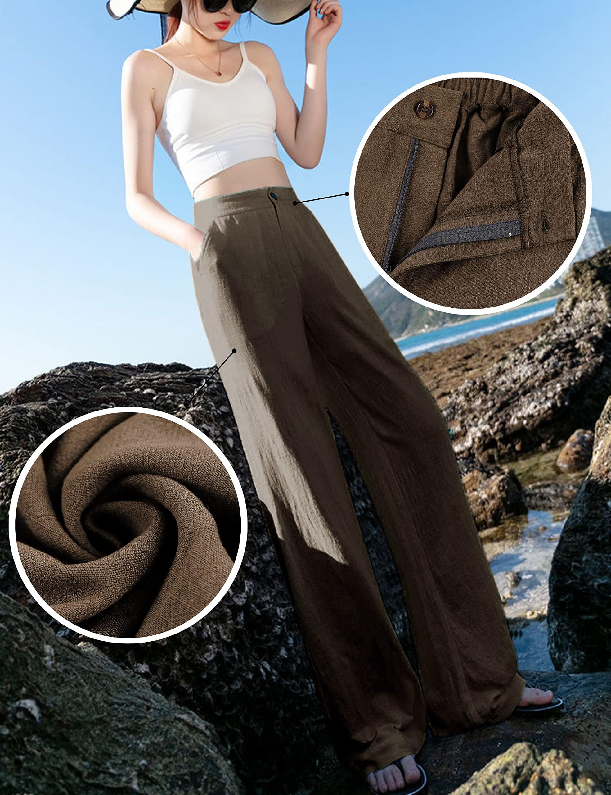 Hooever Womens Cotton Linen Pants Casual Button Up High Waisted Wide Leg Trousers