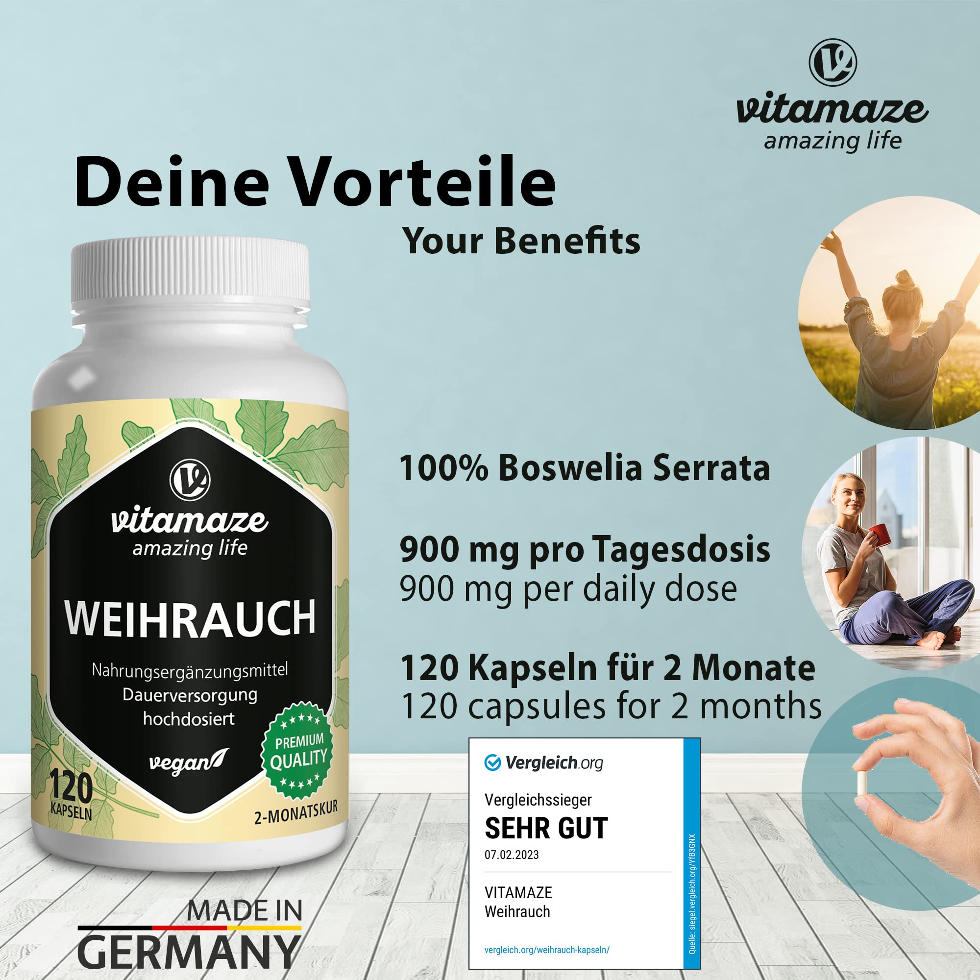 Vitamaze Kadzid?o Wysoka Dawka Wegan 900mg Ekstraktu, 85% Kwasu Bosweliowego, 100% Boswelia Serrata, 120 Kapsu?ek na 2 Miesi?ce, Bez Dodatk?w, Produkcja Niemcy