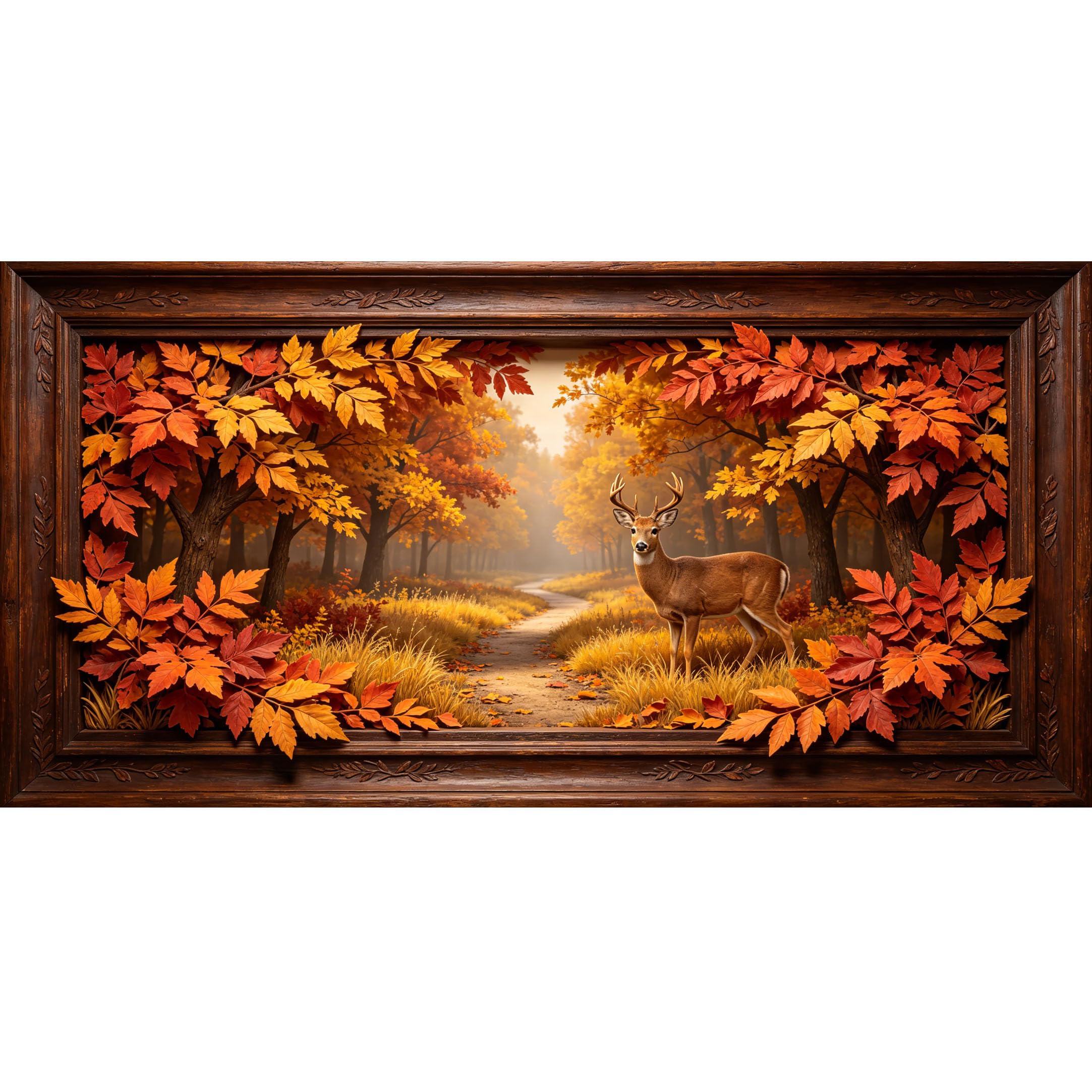 Agglomerix 3D Framed Wall Art Autumn Forest Deer Path Landscape Textured Effect Large Size Self-Adhesive Removable Wall Decor Prints Artwork for Living Room Bedroom Office