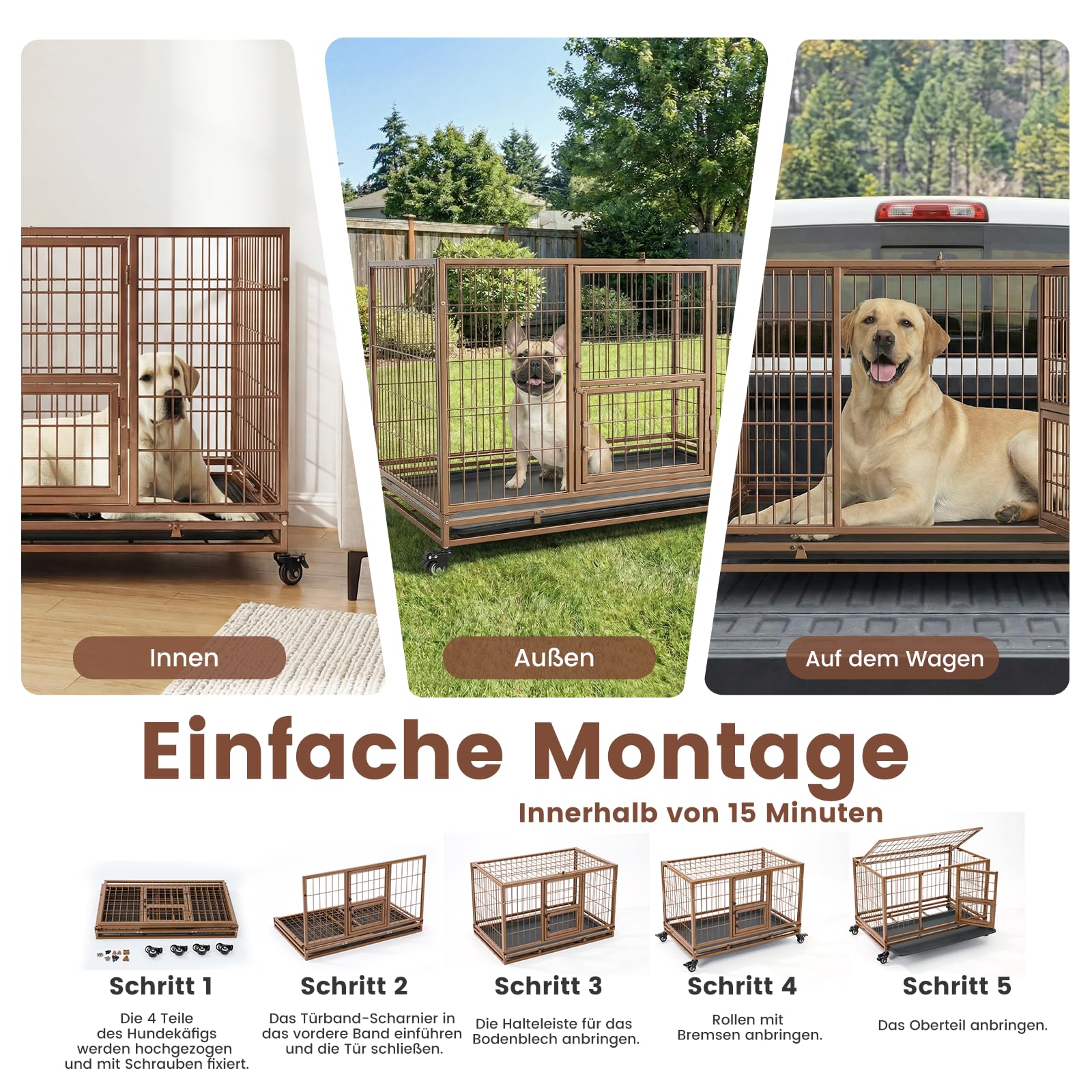 Gardner Pet Hundekäfig faltbar, 82 x 52 x 56 cm, Braun | 3 Türen, Transportkäfig für kleine Hunde mit Höhenangst, Feststellbare Räder, Herausnehmbare Bodenschale