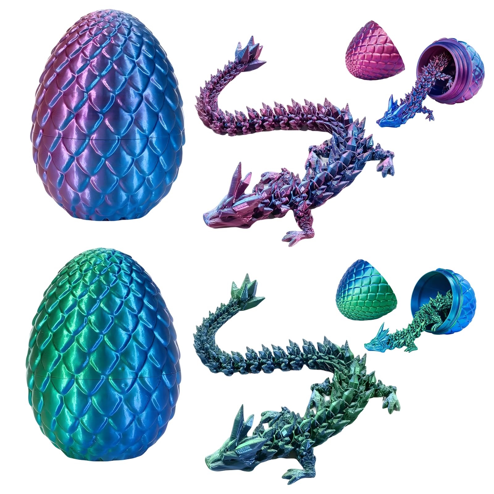Gubilacrum 2 Pack 22CM Crystal Dragon & 2 Pack 8.5CM 3D Printed Dragon Egg, 3D Dragon Eggs with Dragon Inside Figurine Decor, Purple Green Articulated Dragon Statue for Easter Home Ornament