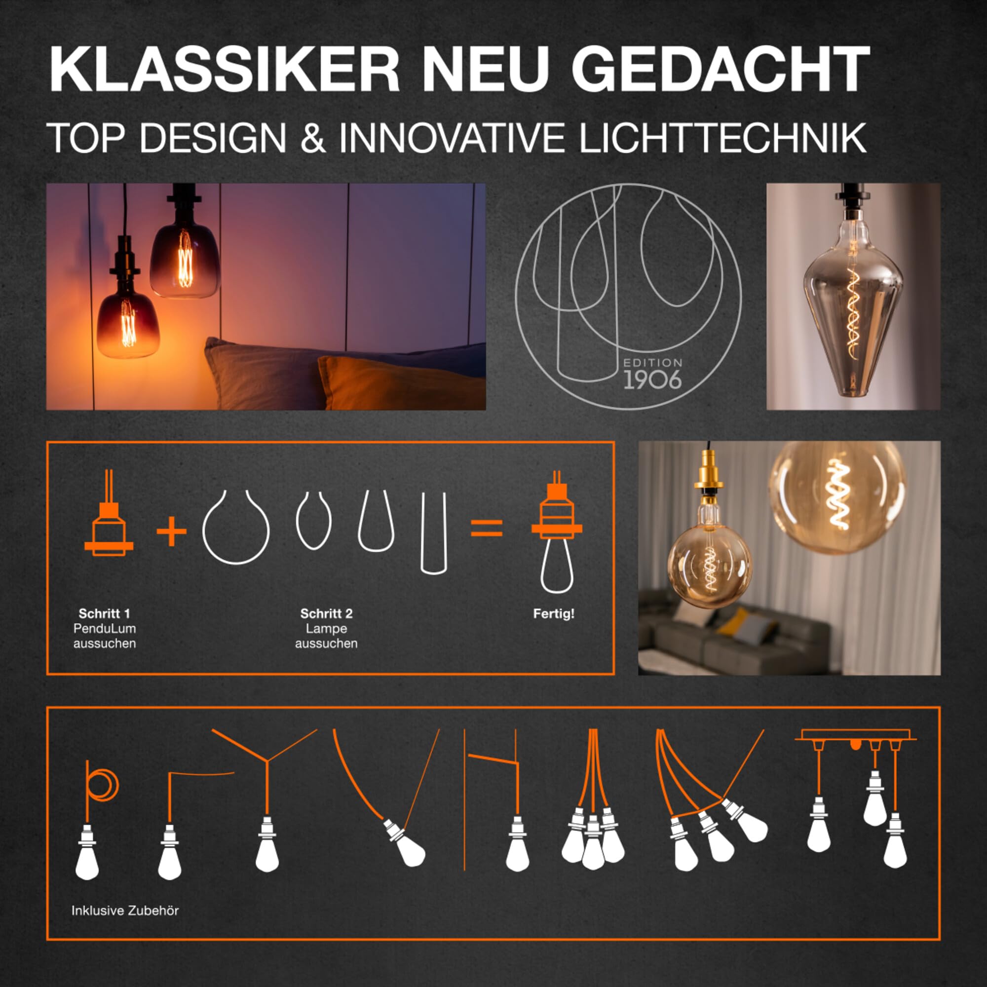 OSRAM Lampa wisząca Vintage, ciemnoszara, indywidualne scenariusze oświetleniowe, stal nierdz., idealna do salonów, nowoczesny design, styl vintage, kabel tekstylny 2 m, śr. 100 mm, prosty montaż