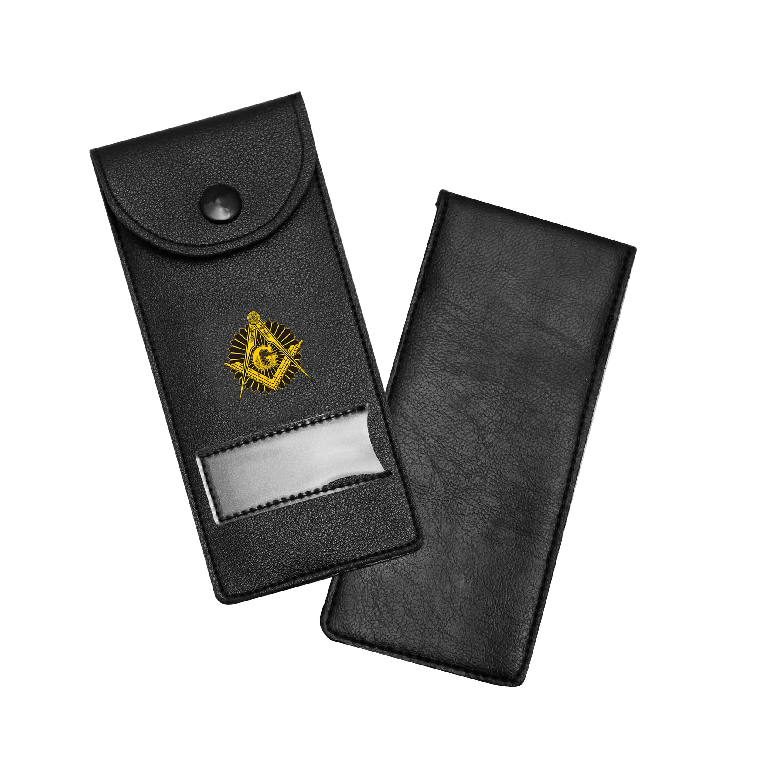 Masonic Regalia Pocket Jewel Holder Case Leather Carry Wallet with Soft Lining for Freemason Lodge Jewels, Pins & Badges - Square Compass G Gold & Black - Printed