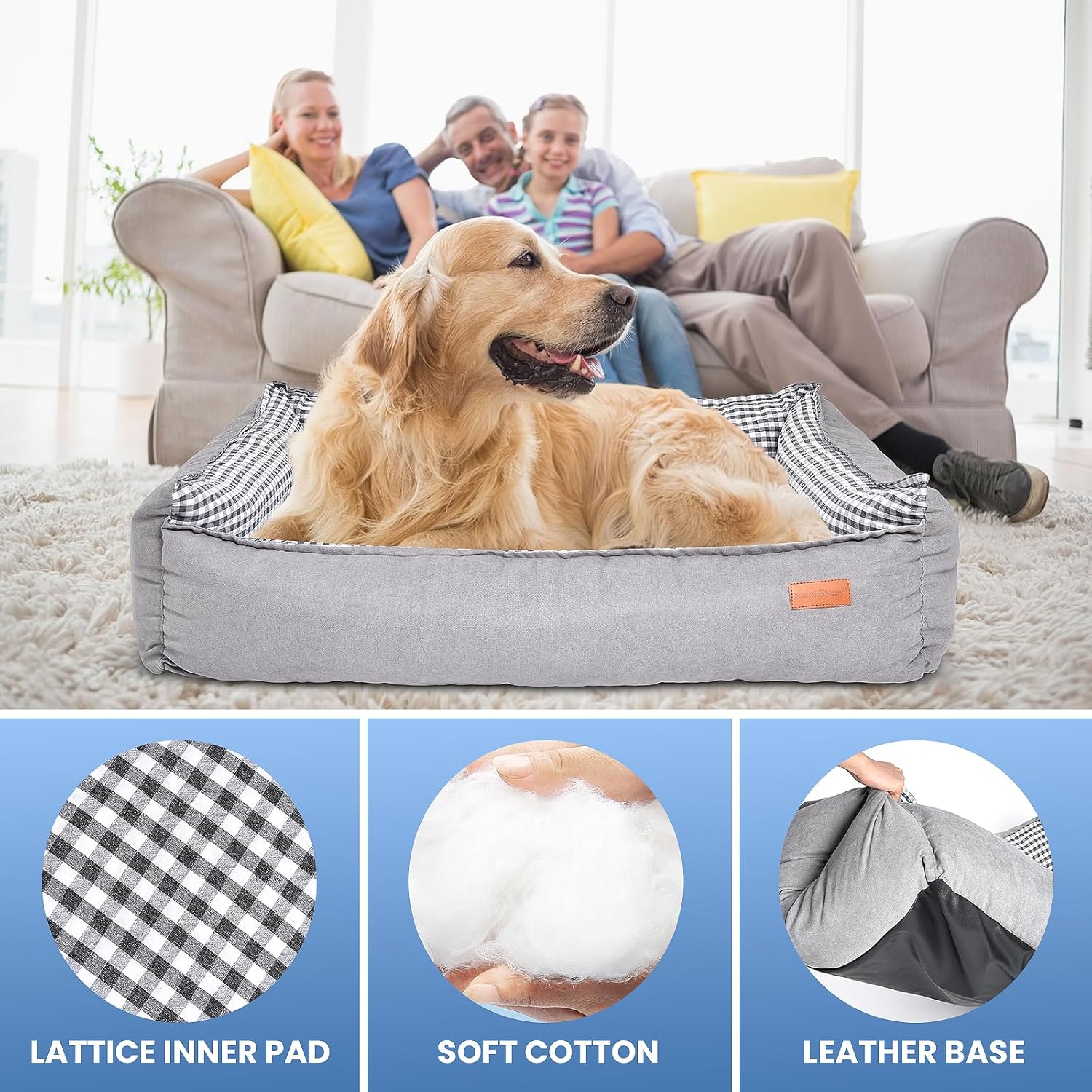 review Rectangular Dog Bed for Large and Medium Dogs Soft Calm Warm,Removable Cotton Bed Cover,Neck and Shoulder Support pet Sofa,Dual-Sided Inner Padding,Leather Non-Slip Bottom Machine Washable