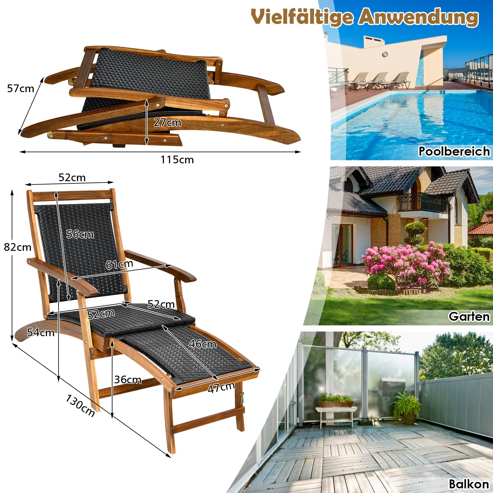 COSTWAY Sonnenliege klappbar, Gartenliege mit ausziehbarer Fußteil, wetterfester Liegestuhl aus Polyrattan und Akazienholz, Relaxliege bis 160 kg belastbar, für Balkon, Garten, Terrasse