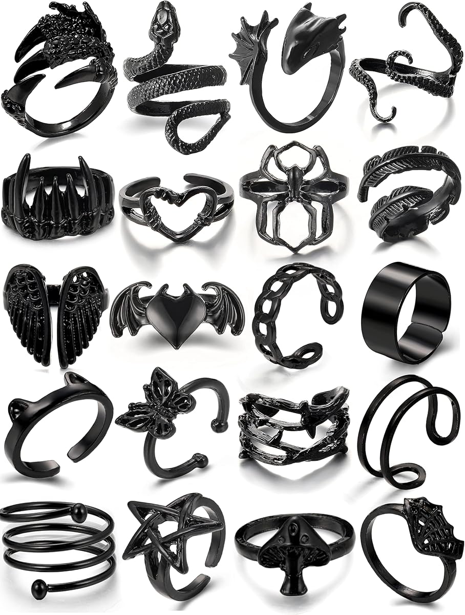 Black Gothic Vintage Rings Set - 20-30 PCS Cool Punk Jewelry with Snake, Butterfly, and Star Stacking Rings, Gift for Men, Women, Boys