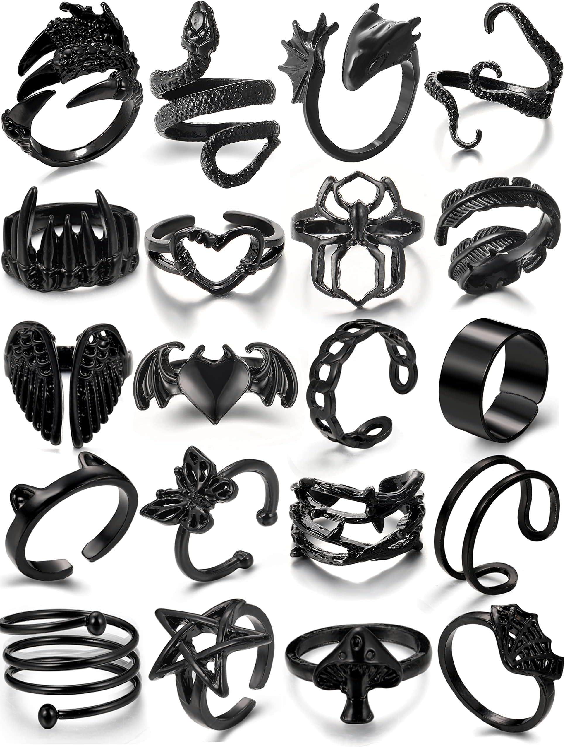 Black Gothic Vintage Rings Set - 20-30 PCS Cool Punk Jewelry with Snake, Butterfly, and Star Stacking Rings, Gift for Men, Women, Boys