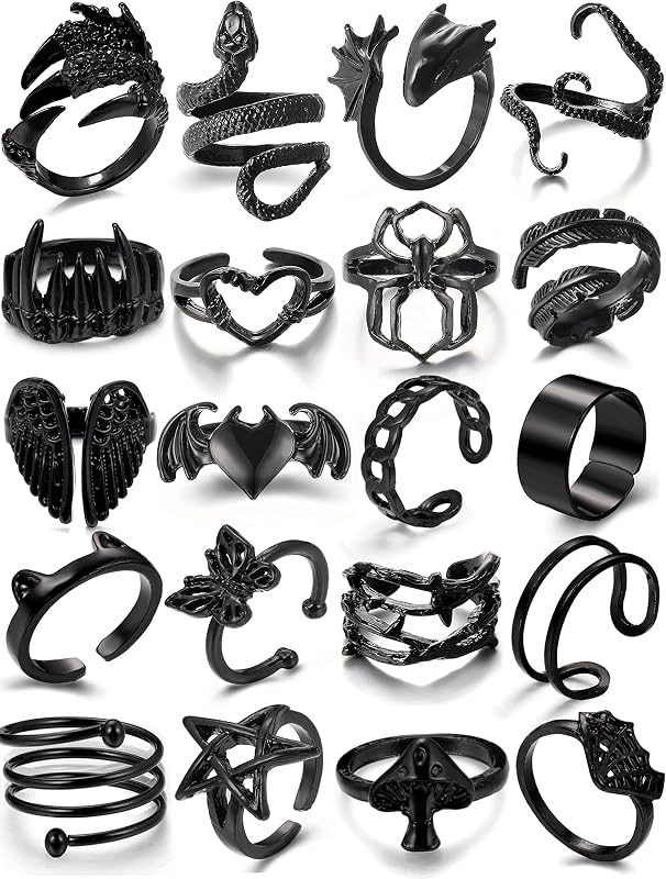 Black Gothic Vintage Rings Set - 20-30 PCS Cool Punk Jewelry with Snake, Butterfly, and Star Stacking Rings, Gift for Men, Women, Boys