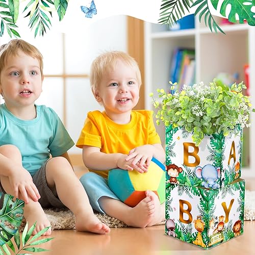 Miniatura 6 de Bucherry 6 piezas de animales de la selva, decoración de baby shower, cajas de fiesta de flores para bebé, centro de mesa, animales de la selva,