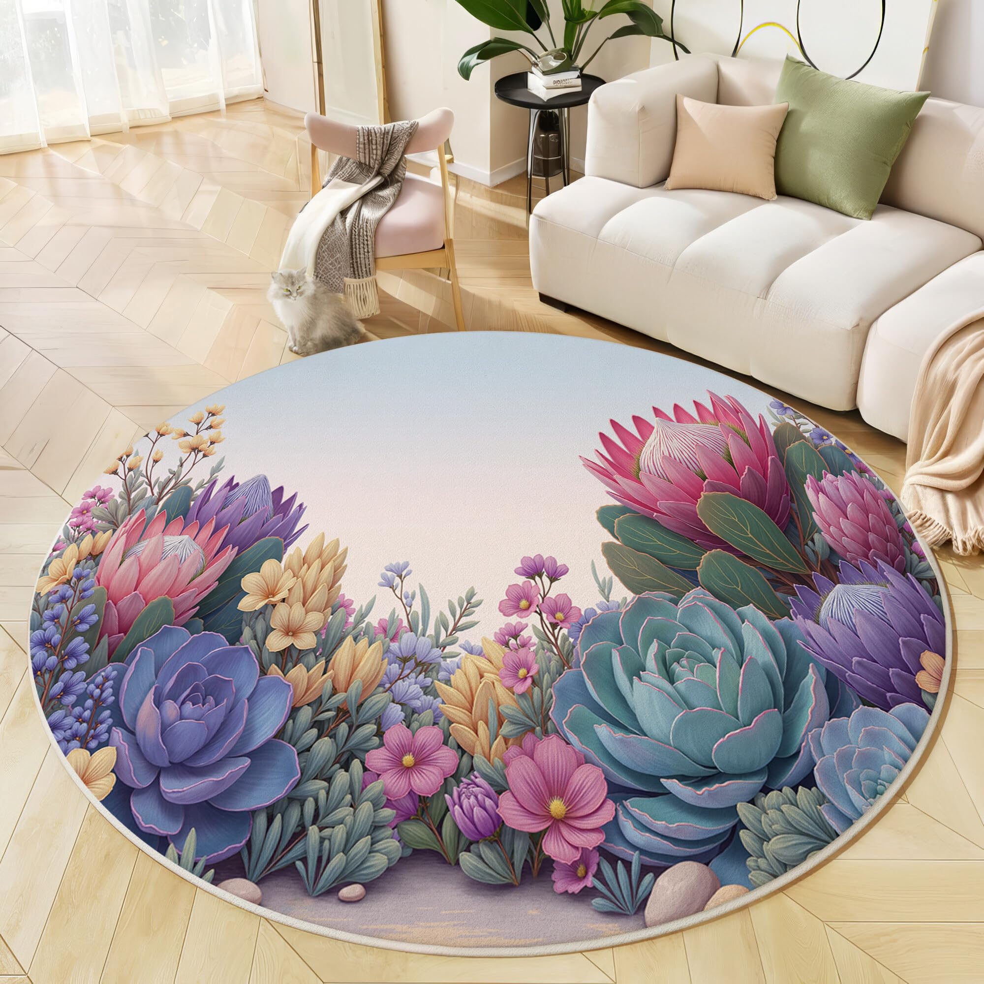 Alfombra redonda de suculenta lavable y antideslizante de 80cm color púrpura rosado