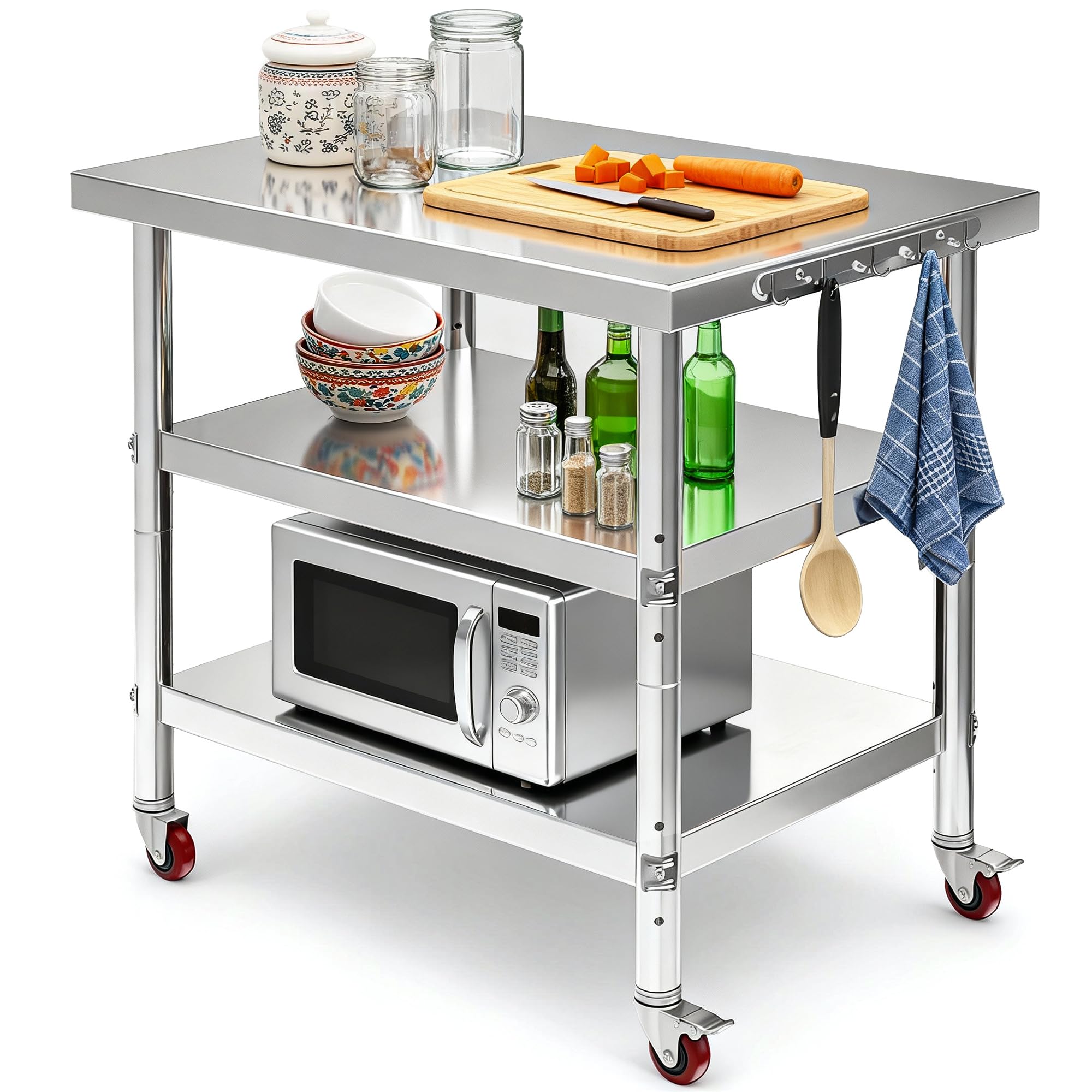 DWVO 30x24in Stainless Steel Table with Wheels &amp; 2 Adjustable Shelves