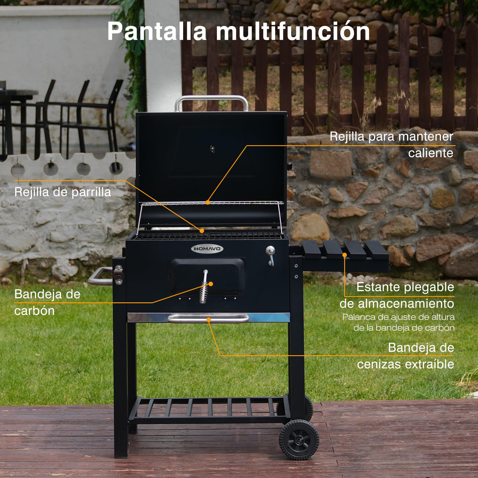 Barbacoa de Carbón, Parrilla con Tapa de Acero de 56×42,5 cm, Bandeja Ajustable en Altura, Mesa Lateral Plegable, Incluye Funda