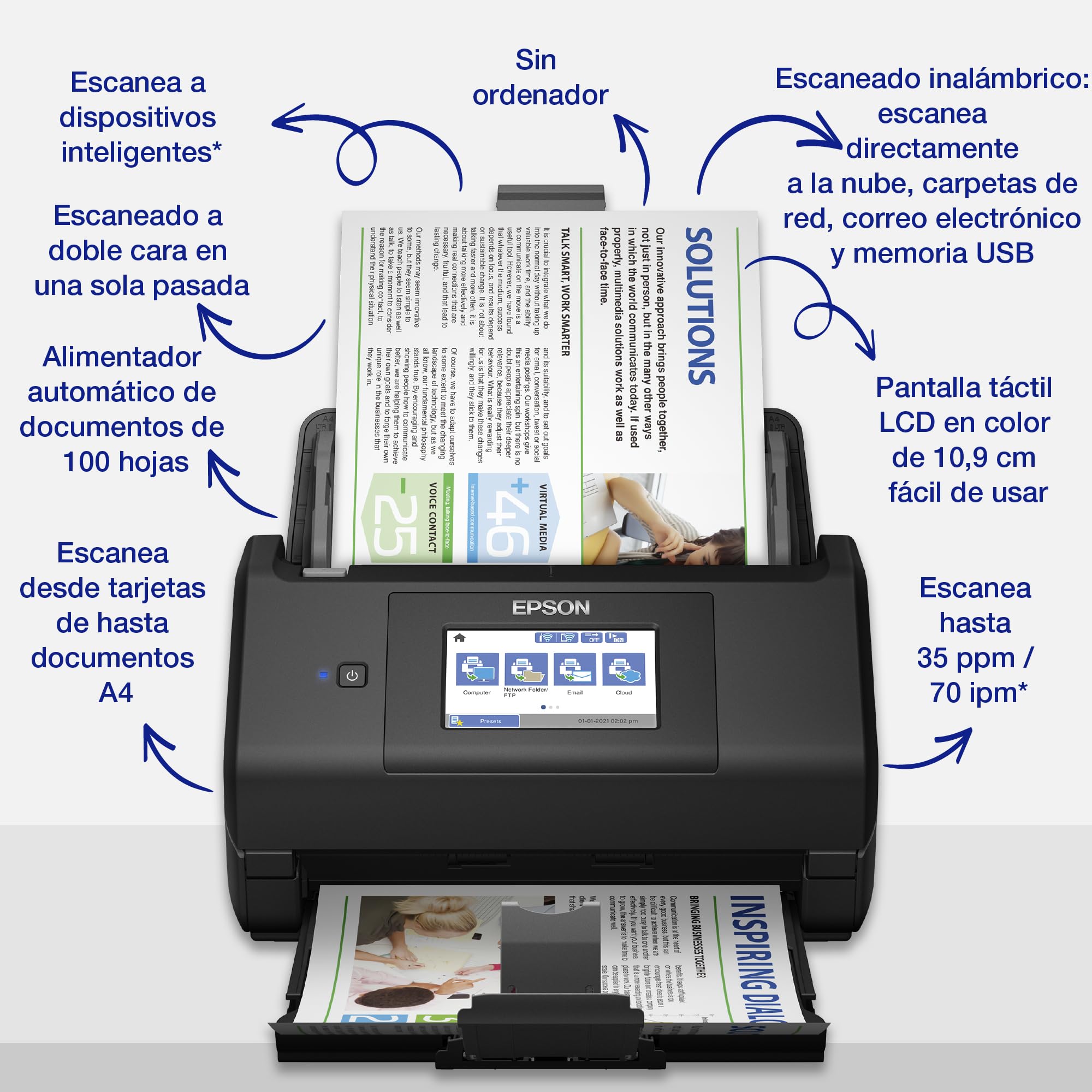 Epson - Workforce ES-580W, escáner de Documentos (sin PC, 35 páginas o 70 fotogramas por Minuto, hasta A4, escaneo a Doble Cara de una Sola Vez, orientación automática)