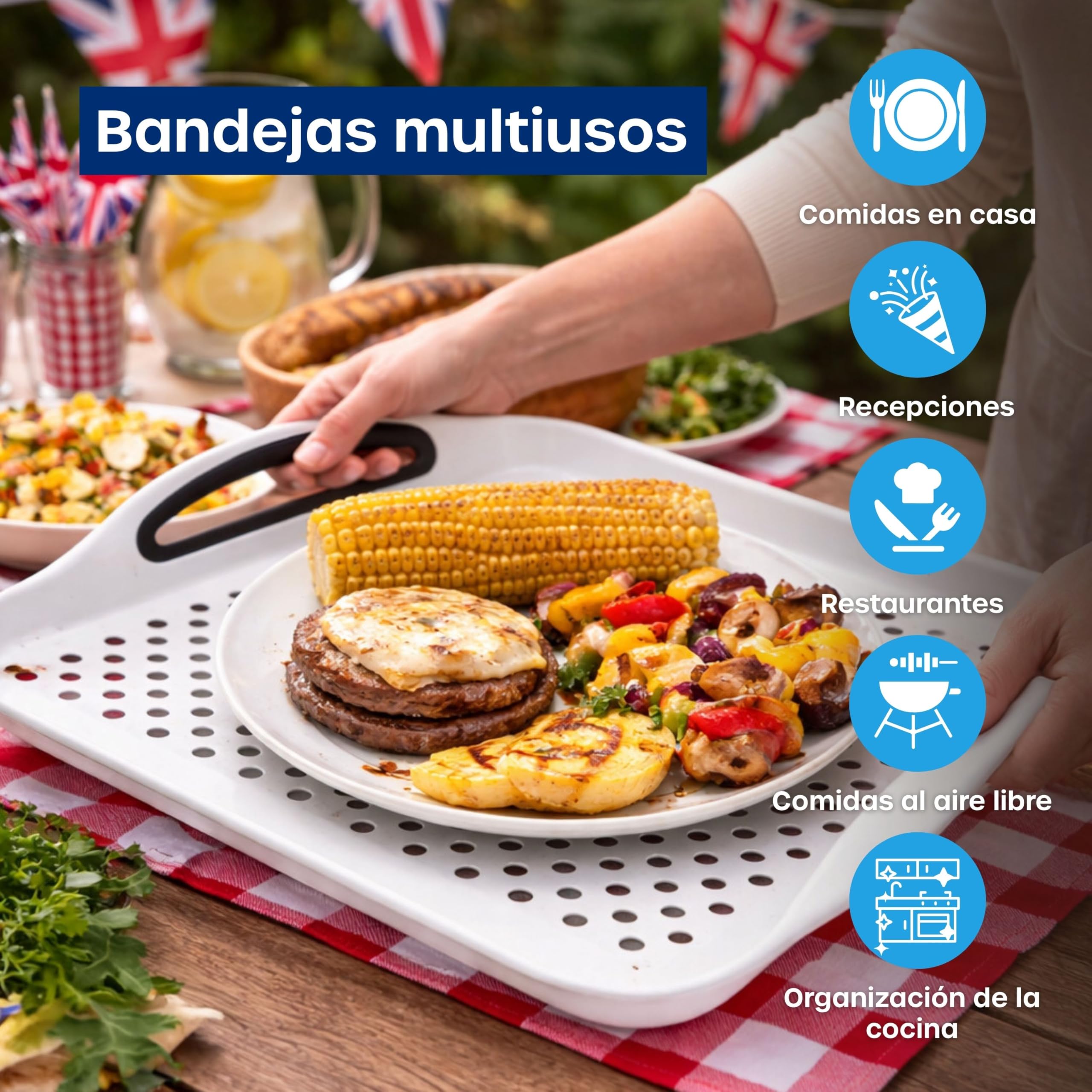 volila Bandeja antideslizante de plástico antideslizante para comer con asa (41 x 29 x 4,5 cm) - Bandejas de comida para comer, té o café, color blanco